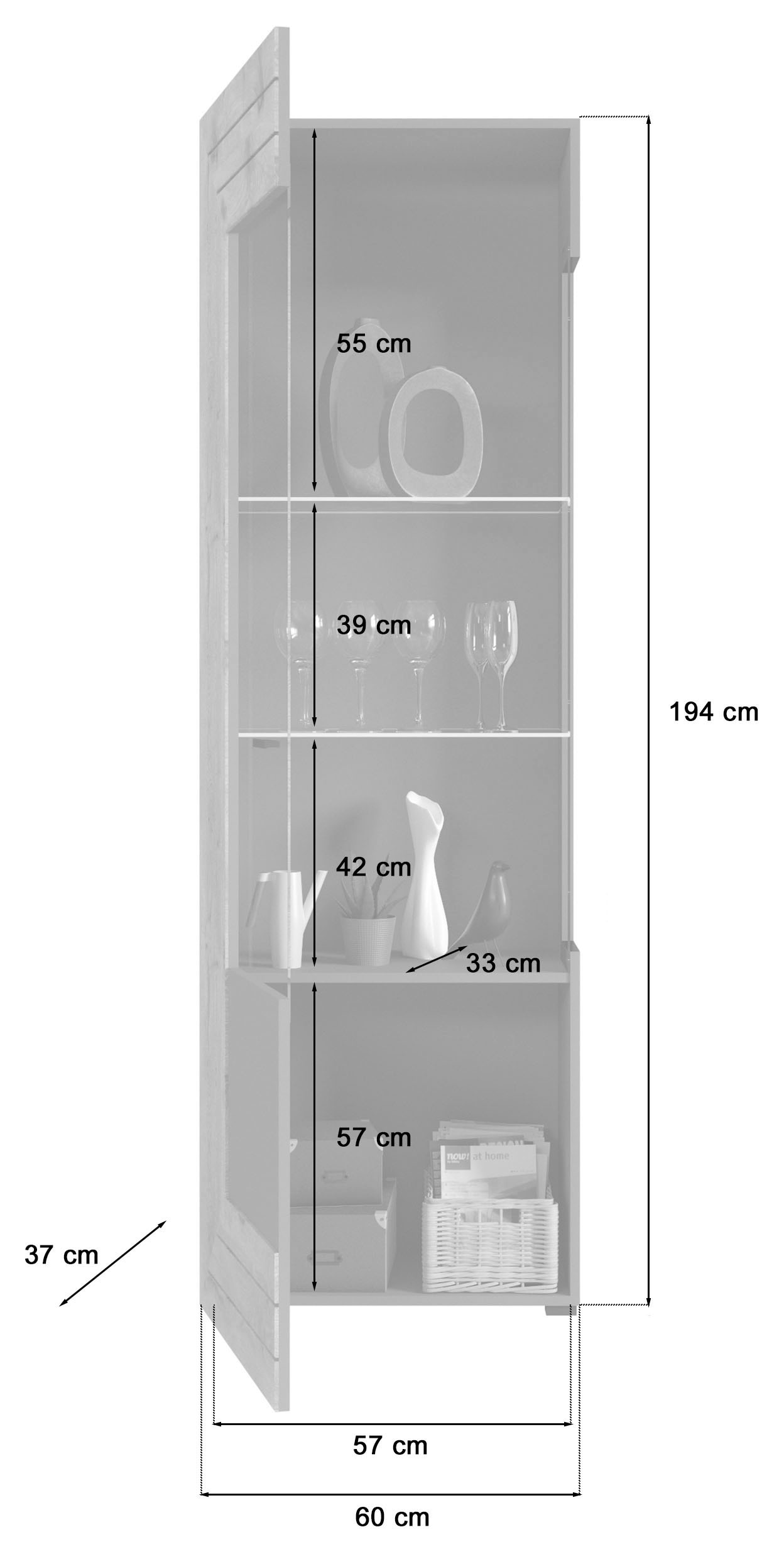 INOSIGN Vitrine »Aalborg, Höhe 194 cm, 1 Glastür, 2 Glaseinlegeböden, Metallgriffe«, Vitrinenschrank, Hochschrank, Stauraumschrank, Wohnmöbel, Wohnzimmer