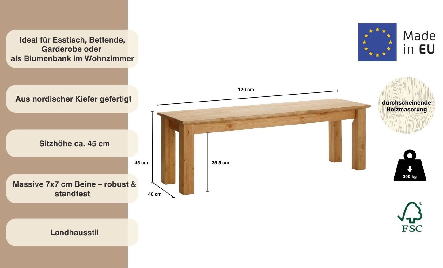 Home affaire Sitzbank, Breite 120 cm, aus massiver, FSC®-zertifizierter Kiefer