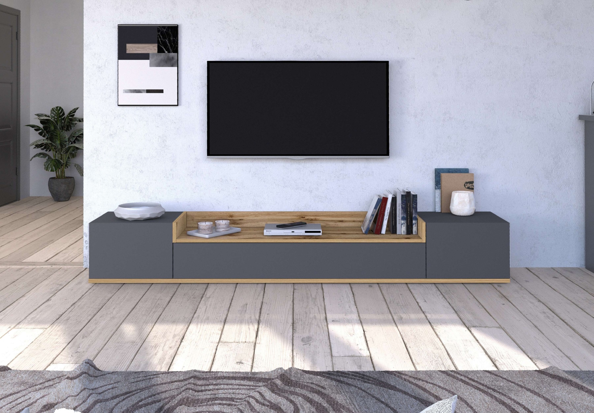OTTO home Lowboard »BOLSENA,TV-Kommode, TV-Möbel,TV-Bank, 4 Fächer und offenes Ablagefach« 1 Stk. tlg. stehend/hängend montierbar, Made in Italy, B/T/H: 200 × 35 × 31,2 cm
