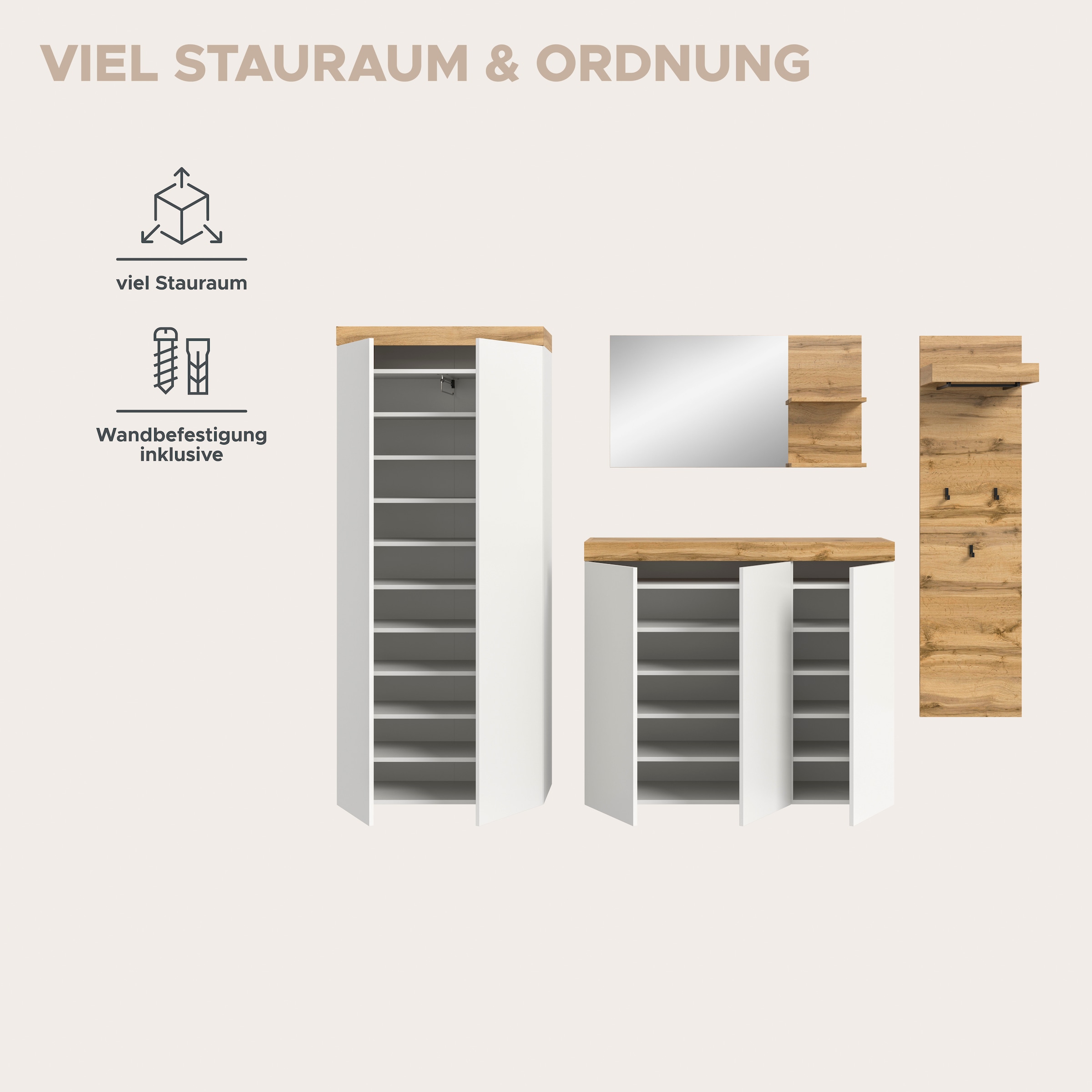 OTTO home Garderoben-Set »MAMBO, TOPSELLER!, 4-teilige Kombination, stehend & hängend montierbar« bestehend aus: Garderobenschrank, Kommode, Spiegel, Garderobenpaneel, 4 Stk. tlg.