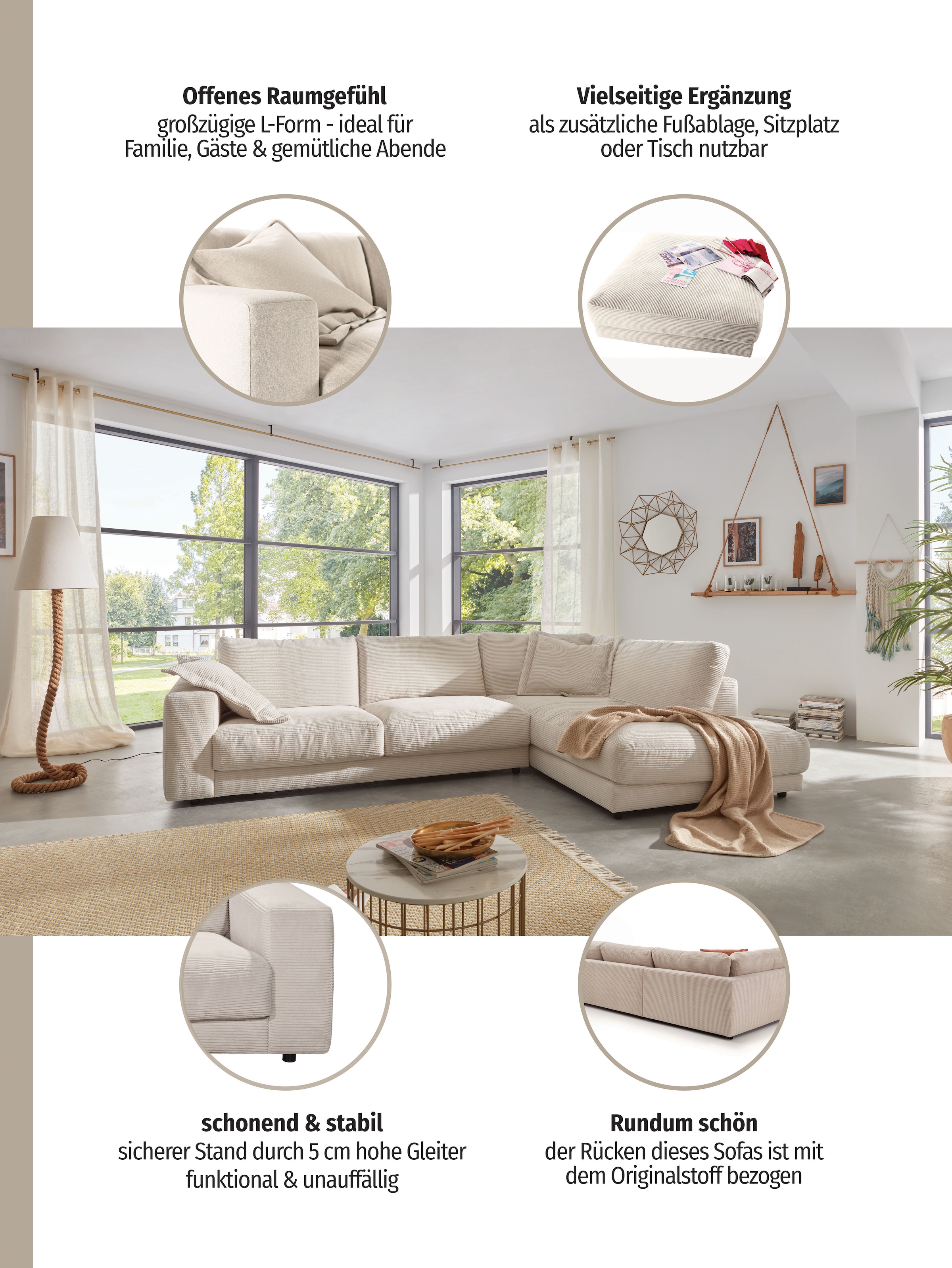 Places of Style Ecksofa »Enisa XXL B/T/H: 325/224/85 cm L-Form«, Kuschelig, gemütlich, in 5 Farben, Bezug in Cord, mit 2 Zierkissen