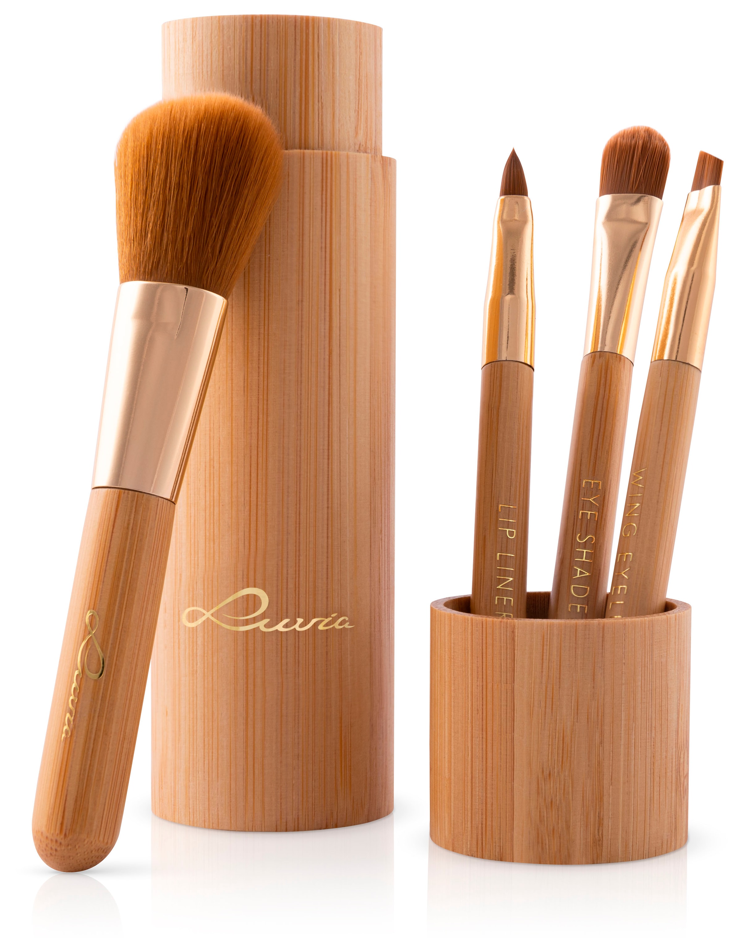 Luvia Cosmetics Kosmetikpinsel-Set »Travel Bamboo Tube« 4 Pinsel aus Nurai-Haar, vegan, in Reisegröße, mit Pinselhalter.