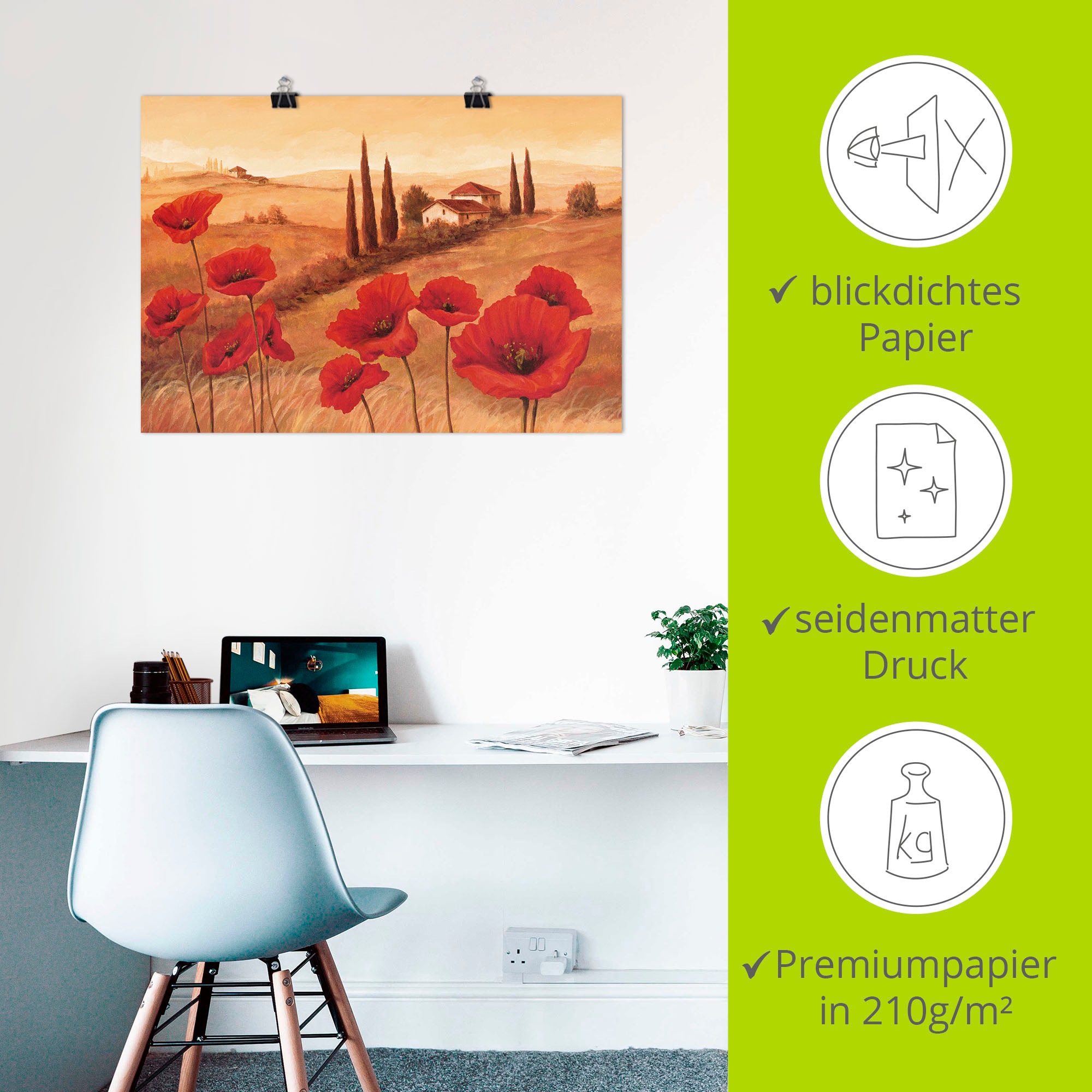 Wandbild ARTLAND "Mohnblumen in der Toskana", braun (farbe bild(er): braun), B:70cm H:50cm, Bilder, als Leinwandbild, Poster in verschied. Größen 3