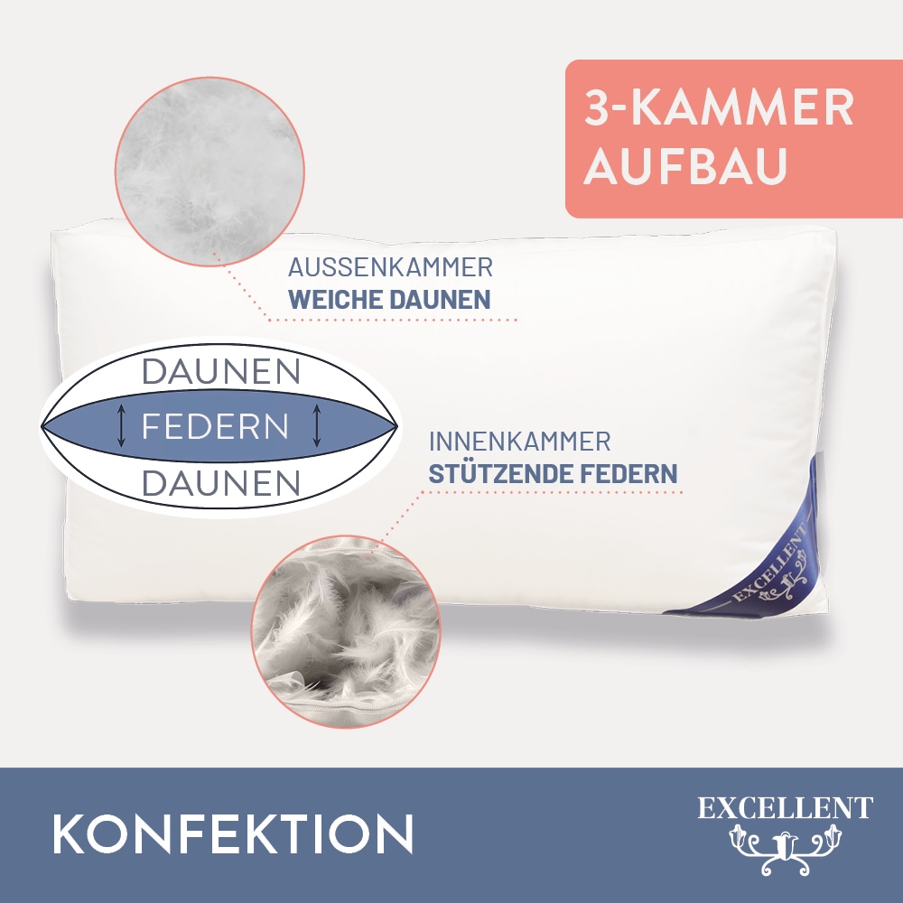 Excellent 3-Kammer-Kopfkissen »Florenz«, Füllung: 100% Gänsedaunen (Außenkammern), Bezug: 100% Baumwolle, (1 St.), hergestellt in Deutschland, allergikerfreundlich