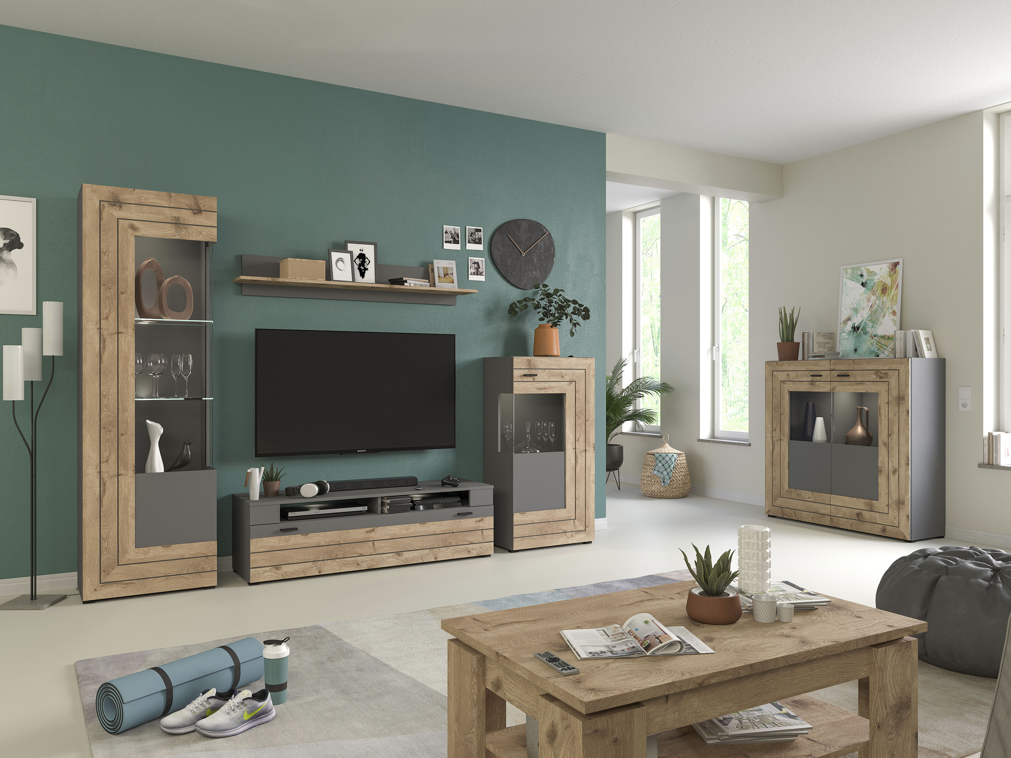 Thumbnail - INOSIGN Wohnwand "Aalborg, Breite 350cm, 2-farbig,Metallgriffe, 4-teilig, bestehend aus:", (4 St.), 1x Vitrine, 1x Lowbo...
