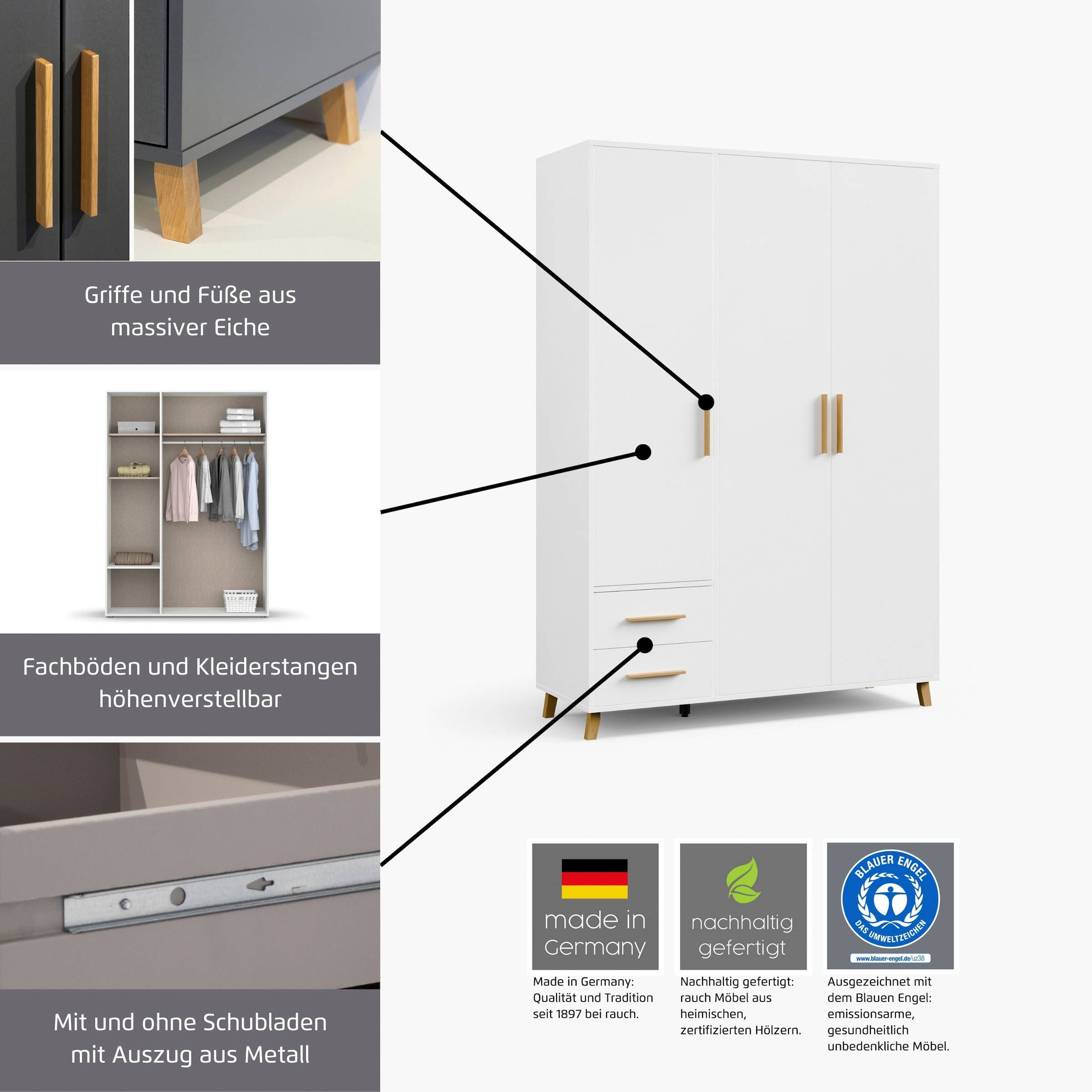 rauch Drehtürenschrank »Kleiderschrank Schrank Garderobe Wäscheschrank SHINJO«, (in 3 verschiedenen Ausstattungen BASIC/CLASSIC/PREMIUM), Griffe und Füße aus Massivholz, viel Stauraum MADE IN GERMANY