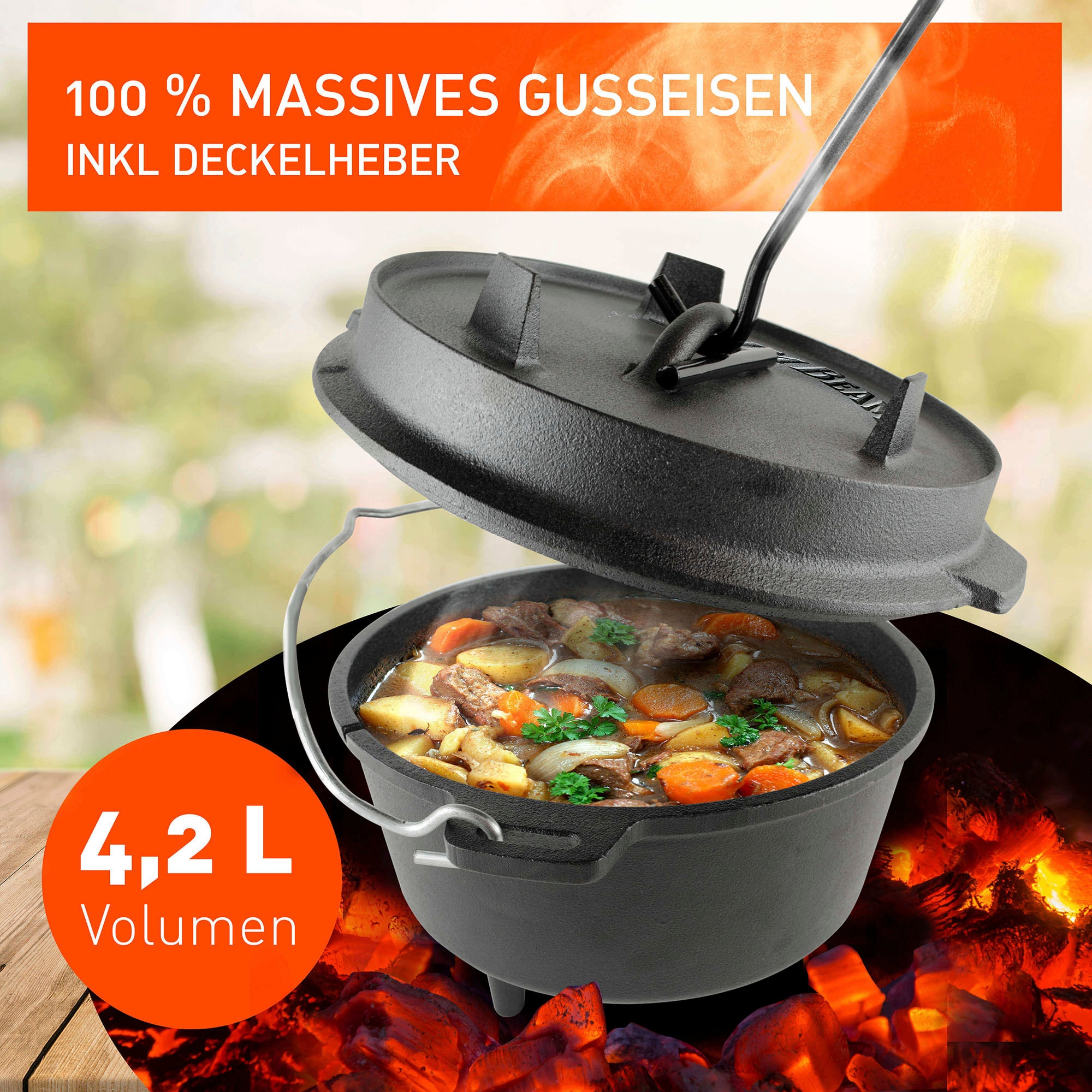 Jim Beam BBQ Grilltopf »Dutch Oven«, Gusseisen, mit 2-IN-1-Deckel, 4,26 l Fassungsvermögen