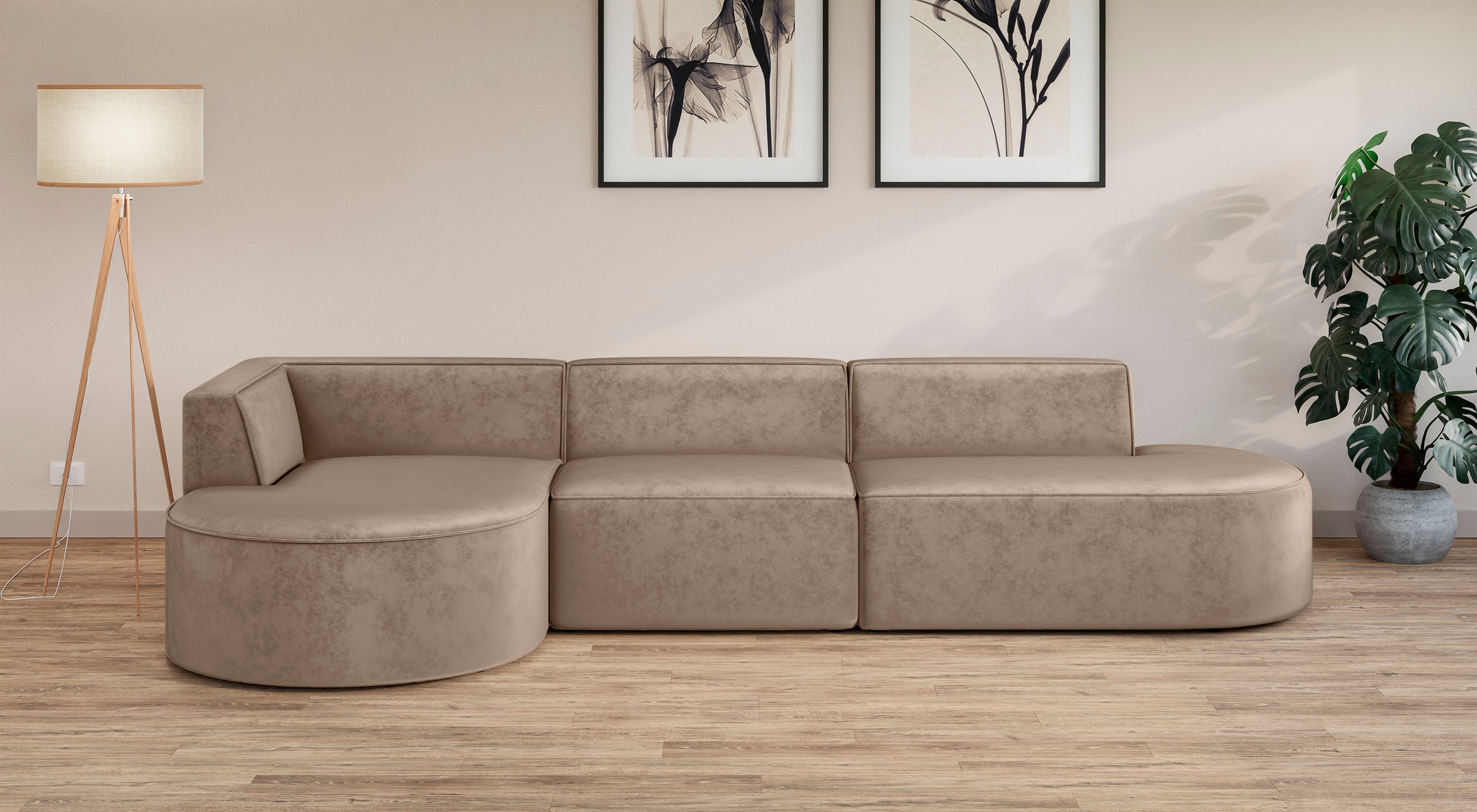andas Ecksofa »EIVIND Designer Sofa mit Ottomane rechts/links, B/T/H: 343/159/72 cm«, L-Form mit Wellenunterfederung, auch in Feincord und Bouclé