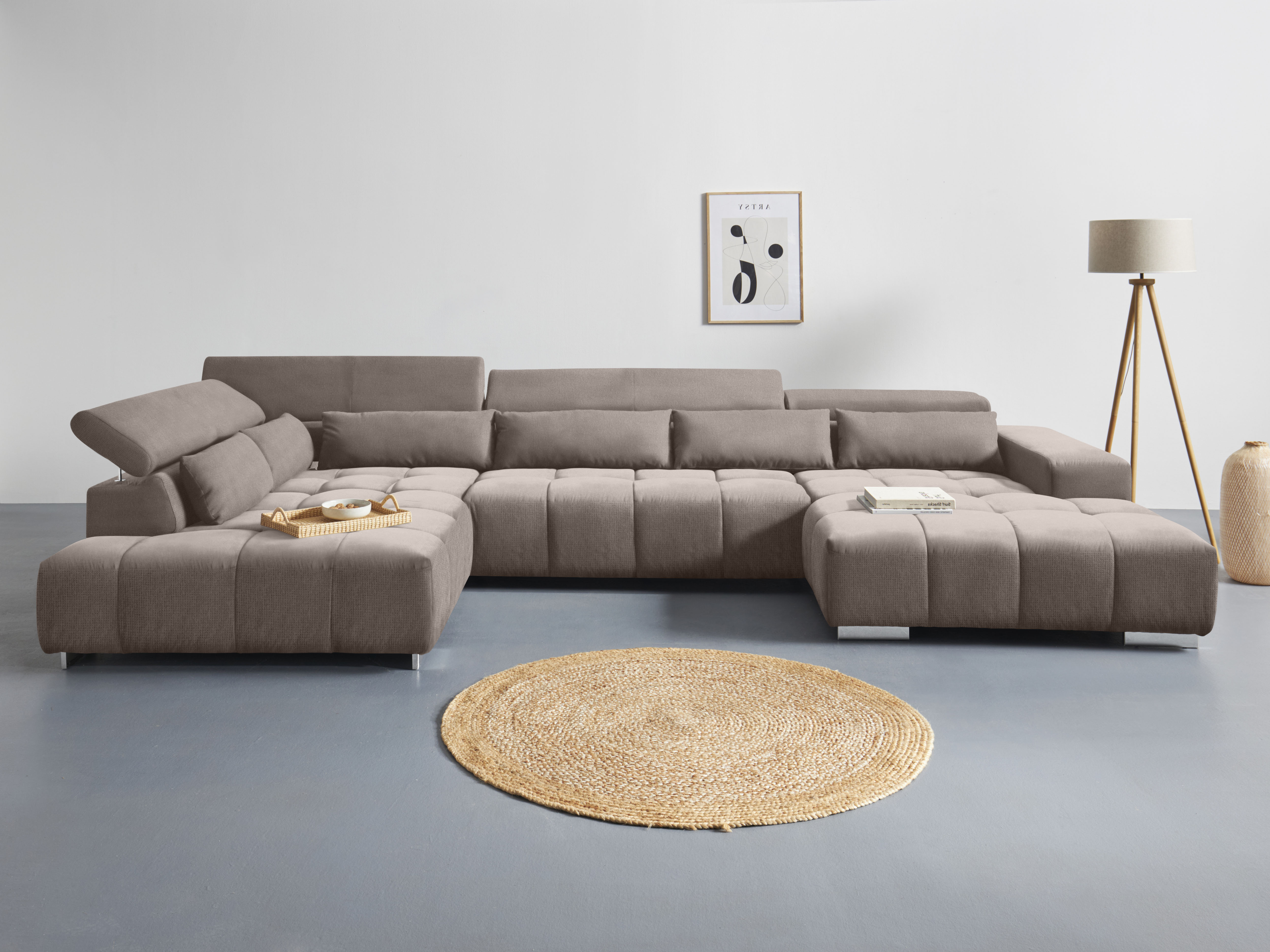 COTTA Wohnlandschaft "Orion U-Form XXL, B: 409 cm, bequeme Wellenunterfederung, top modern" mit Kopfteilverstellung & 6 Nierenkissen