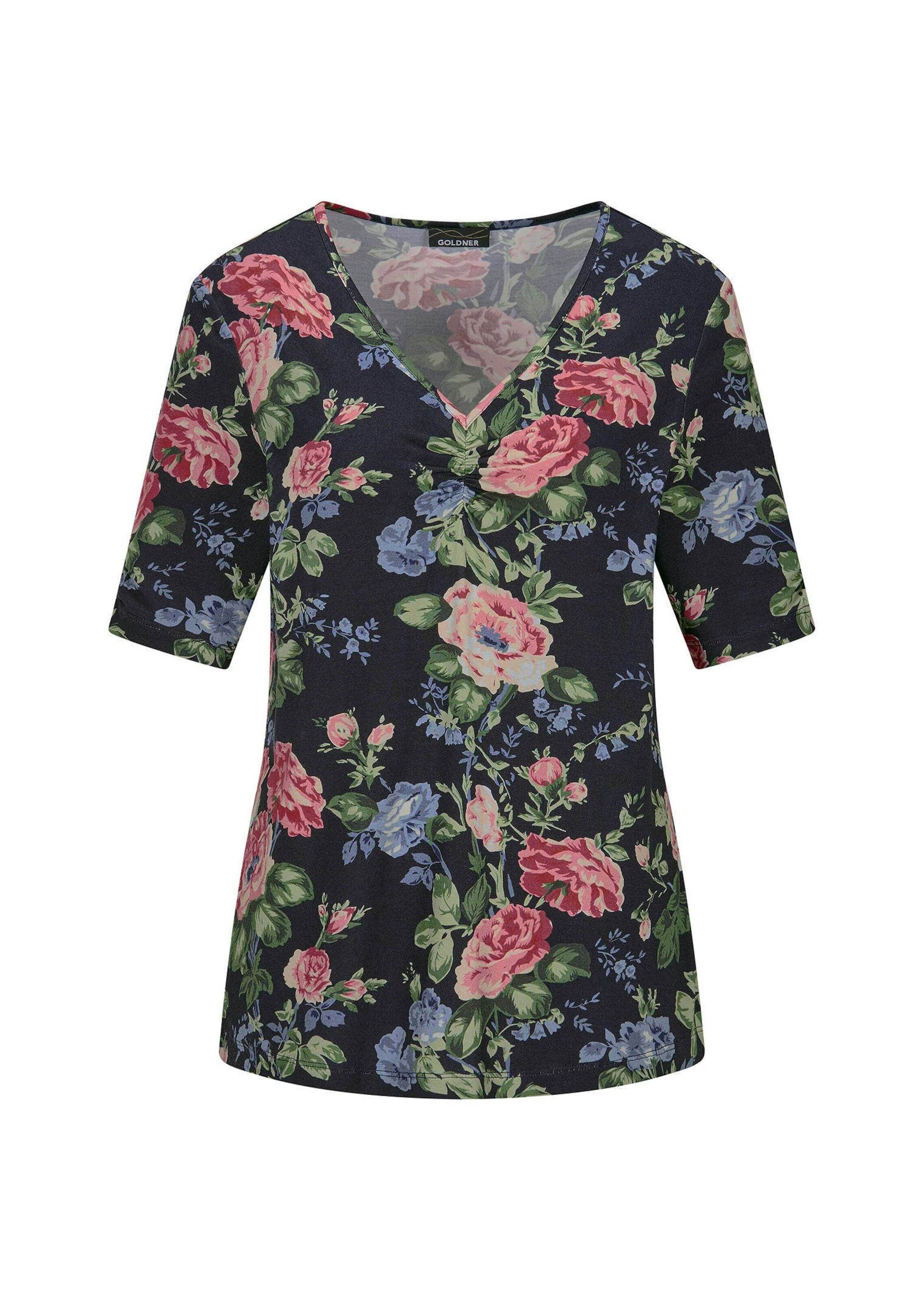 GOLDNER Kurzarmshirt "Elegantes Druckshirt mit Blumenmuster" stretchbequemer Viskosejersey