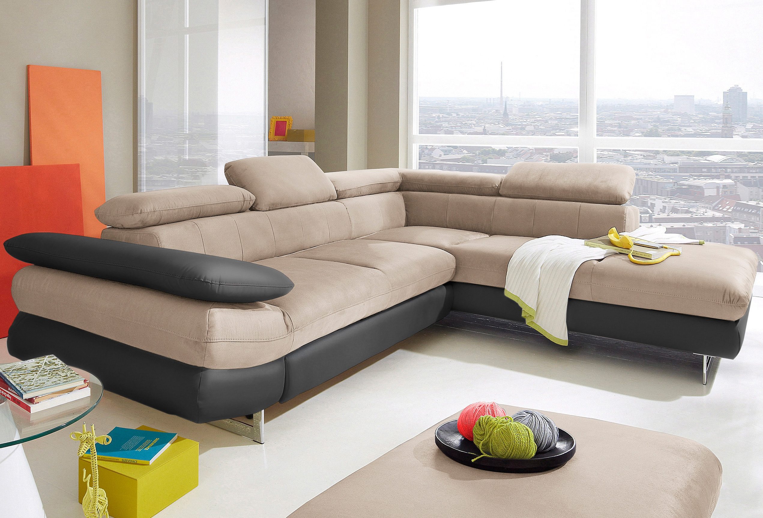 COTTA Ecksofa "Solution L-Form, Design Sofa, bequeme Wellenunterfederung, Design Fuß" mit Arm- & Kopfteilverstellung, wahlweise mit Schlaffunktion