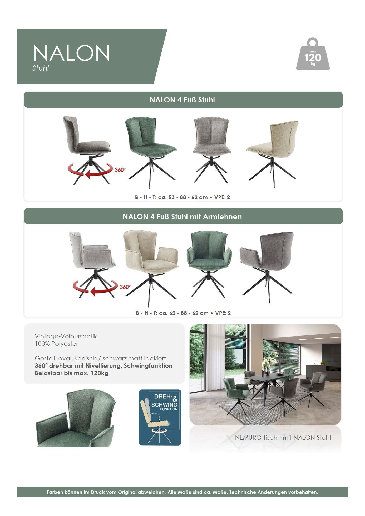 MCA furniture 4-Fußstuhl »NALON Esszimmerstuhl (2er Set) - Stuhl«, (Set), 2 St., Veloursstoff, 360° drehbar, Schwingfunktion, Metall, Veloursoptik, belastbar 120 kg