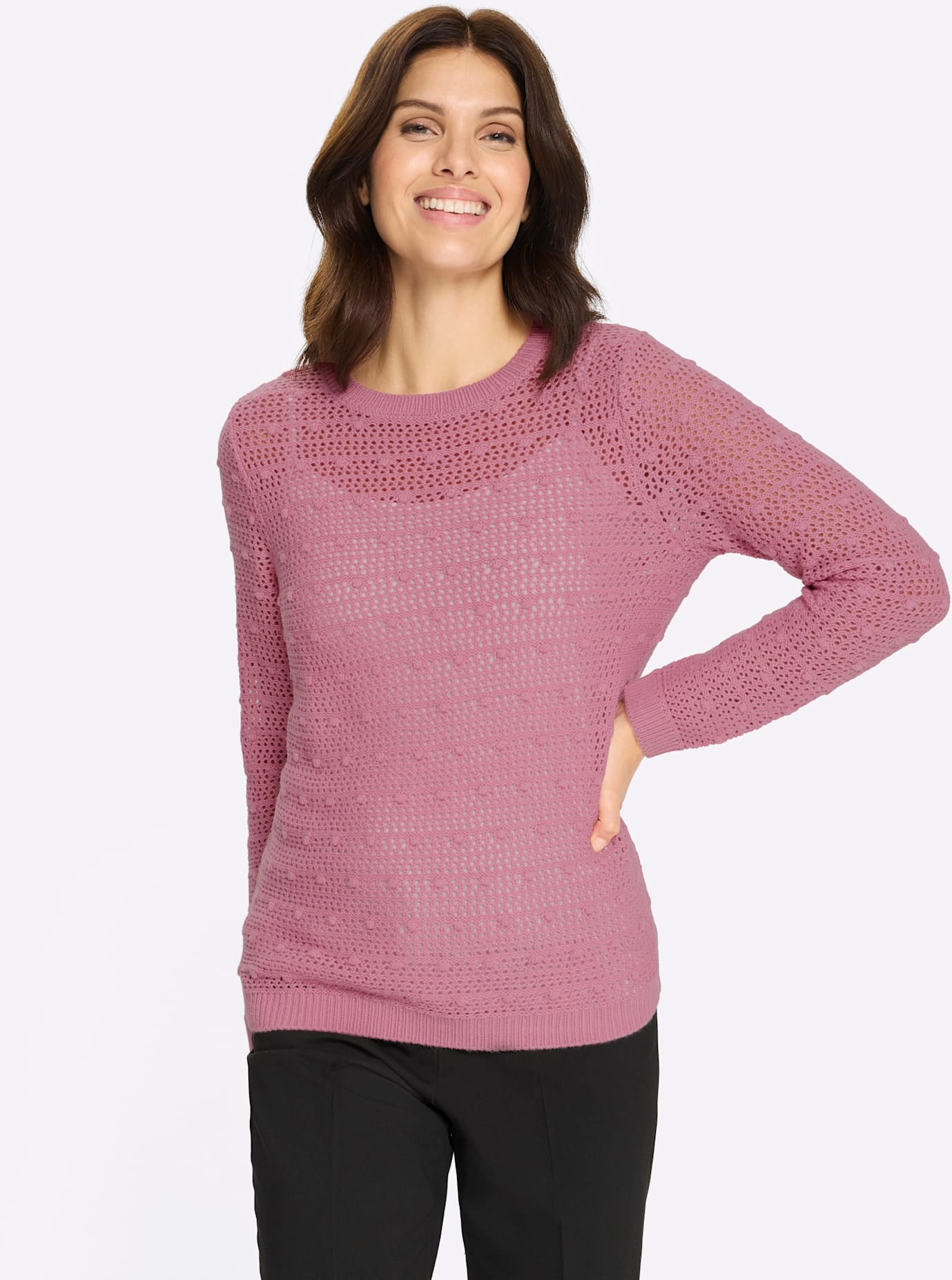 Ajourpullover CLASSIC BASICS "Rundhals-Pullover", Damen, Gr. 38, altrosa, 100% Polyacryl, gemustert, gepunktet, unifarben, Pullover