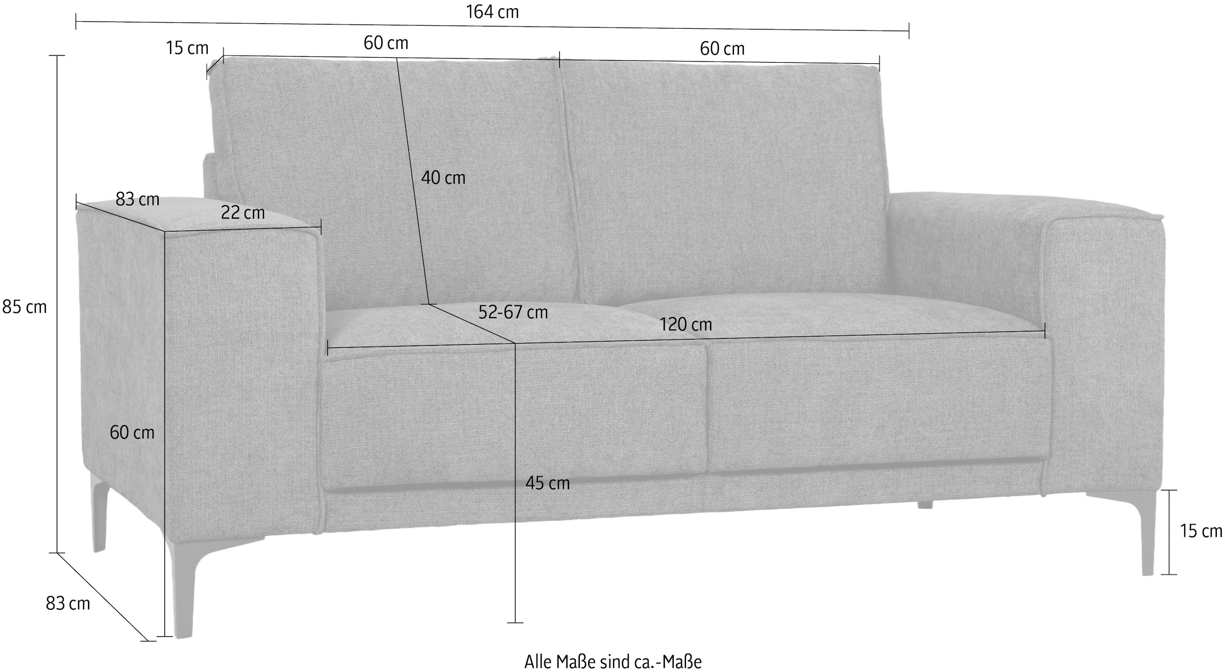 OTTO home 2-Sitzer »Kompaktsofa Oland mit modernem Chenille-Bezug« 164 cm, Wellenunterfederung, Skandi-Design, Metallfüße