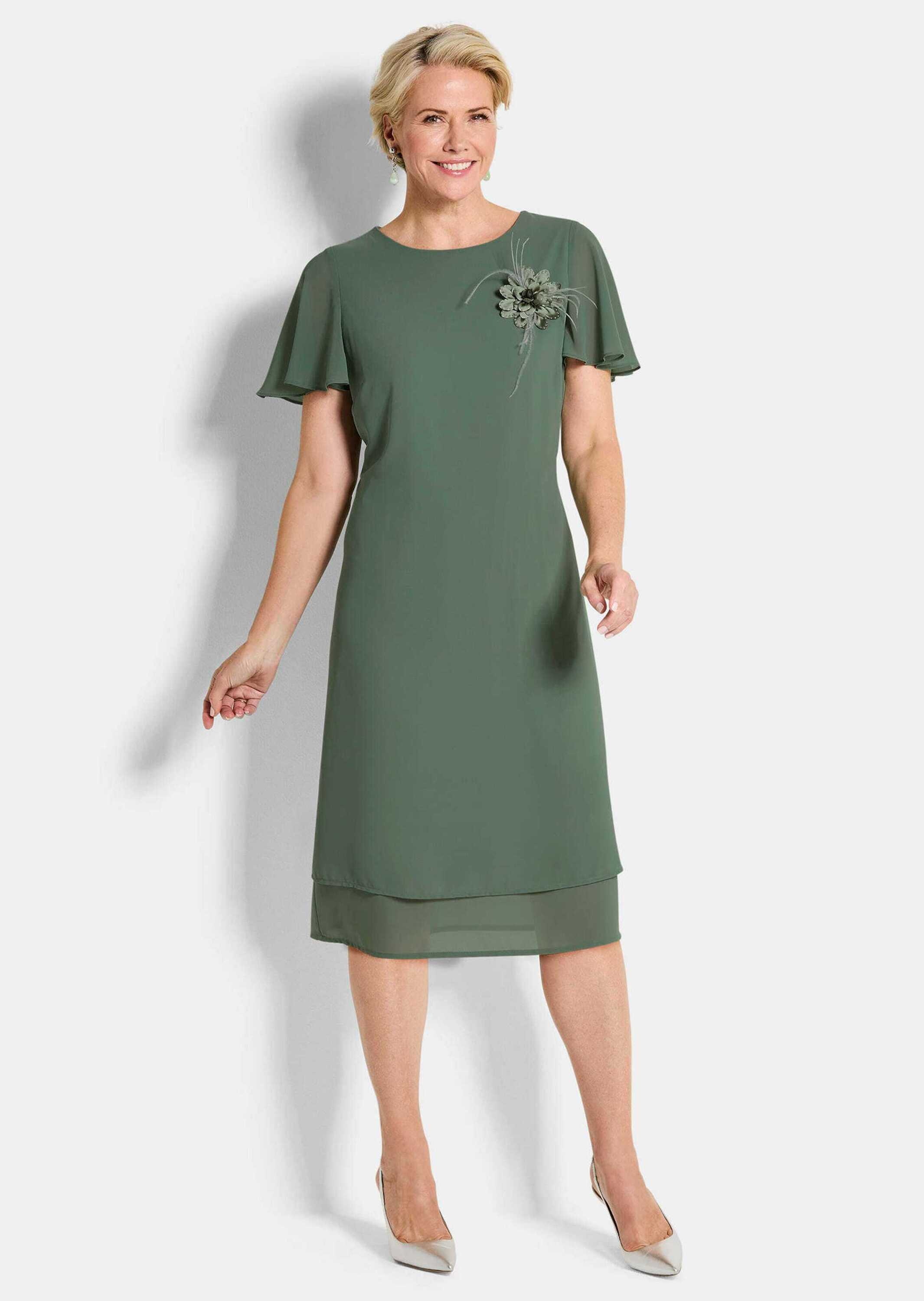 Sommerkleid GOLDNER "Abendkleid mit abnehmbarer Brosche", Damen, Gr. 38, N-Gr, grün (salbei), Obermaterial: 100% Polyester PES., gerade, Kleider Sommerkleid, dekorative Blumenbrosche mit Hotfixsteinen 2