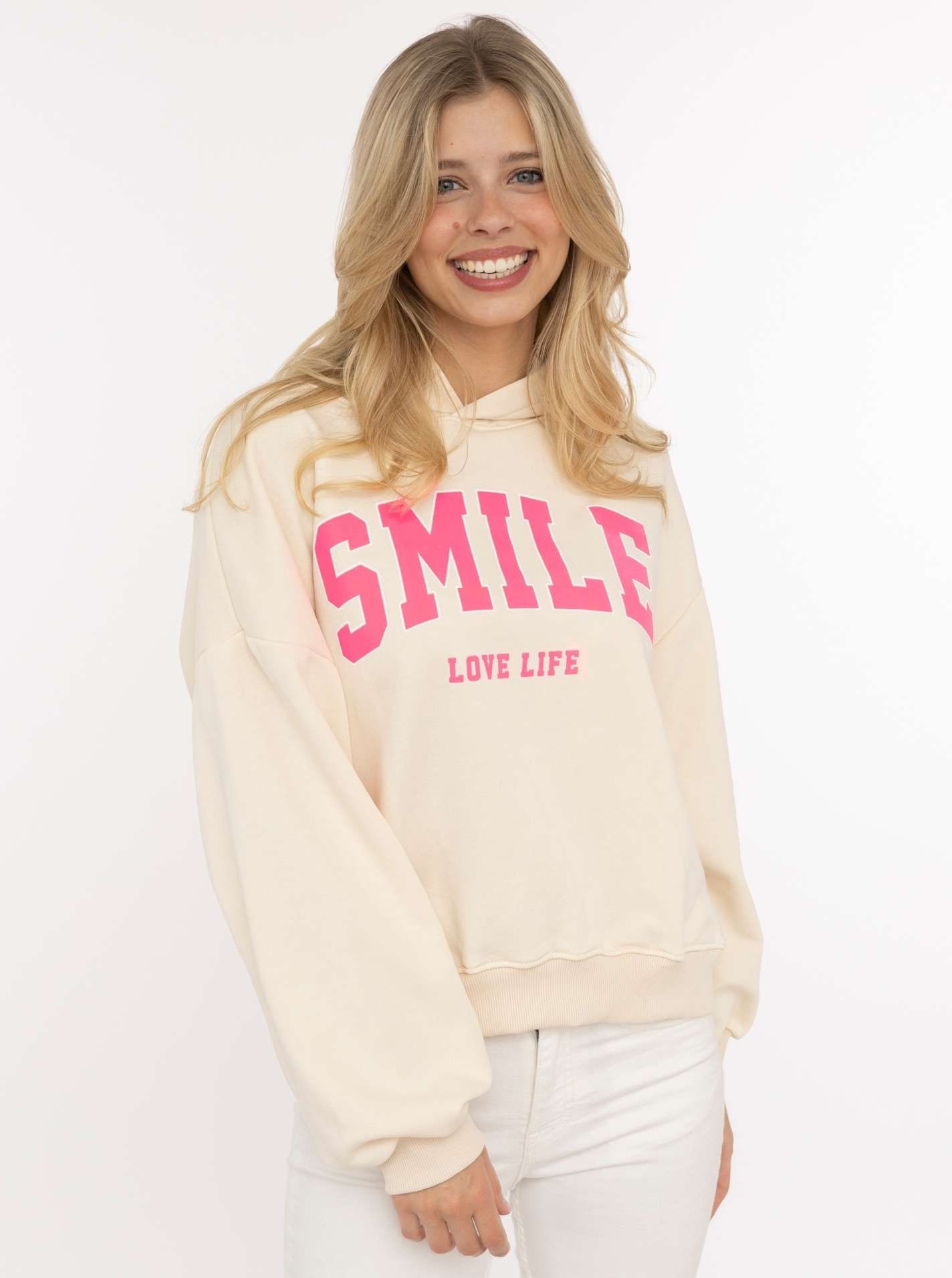 Zwillingsherz Hoodie ""Smile"", Kapuze, lange Ärmel, elastische Bündchen, großer Neon-Print