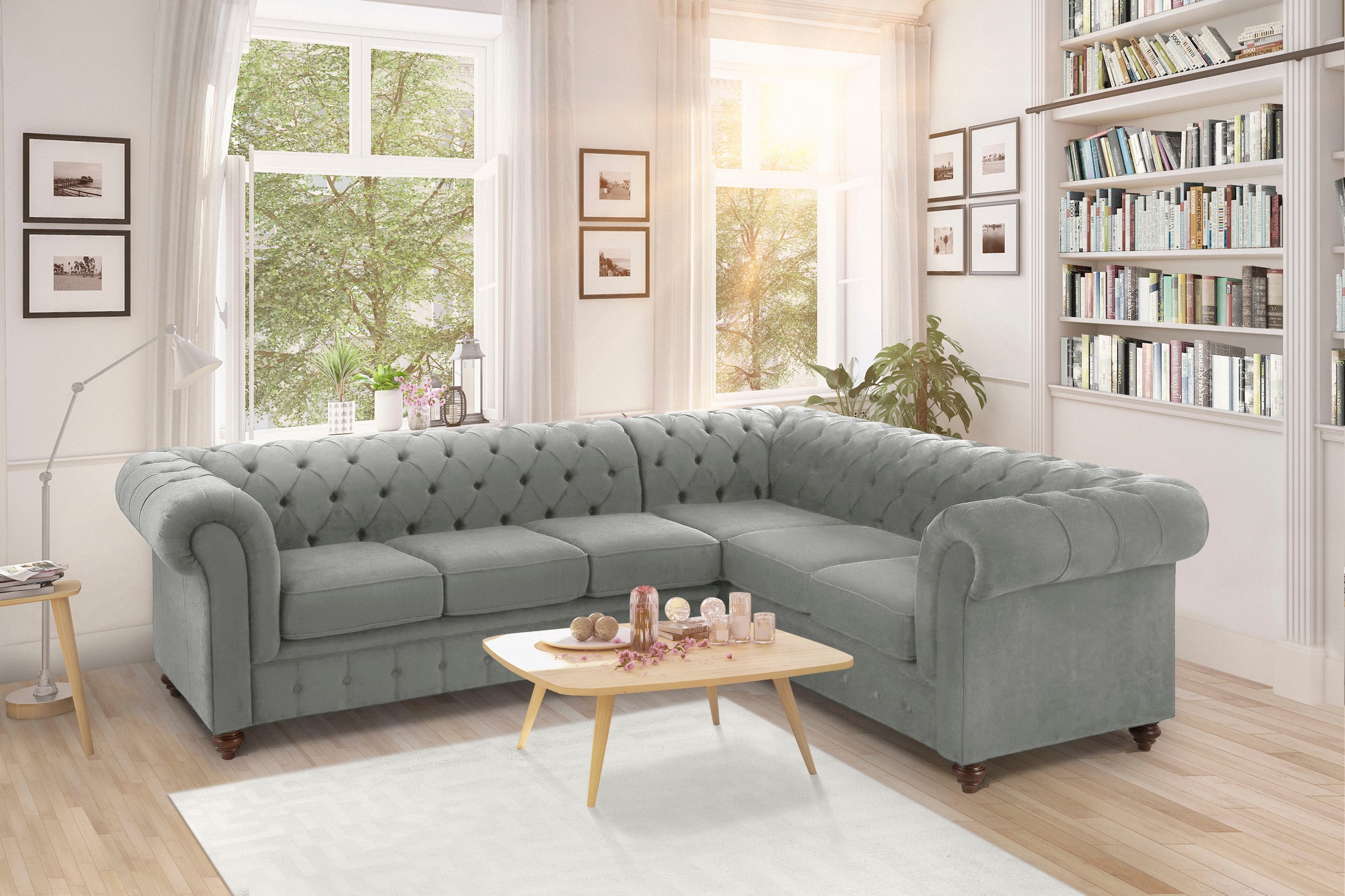 Home affaire Chesterfield-Sofa »Duc Ecksofa L-Form«, hochwertige Knopfheftung im Rücken, Samtoptik mit changierender Optik