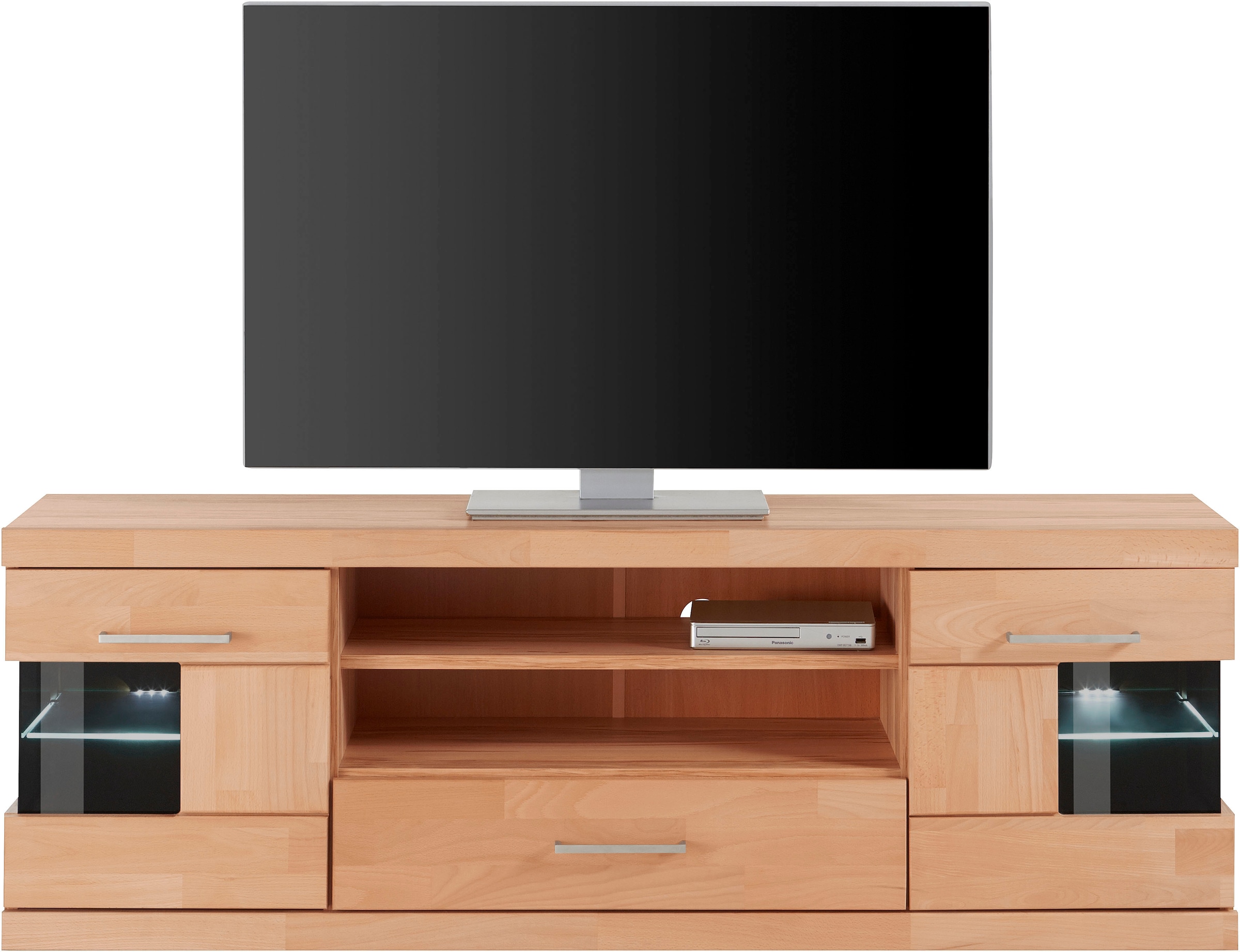 Home affaire Lowboard »Ribe,160cm breit, Fronten Massivholz,6 Fächer,Kabeldurchführung«, Korpus Holzwerkstoff,Glaseinsatz aus gehärtetem Glas,Böden versetzbar