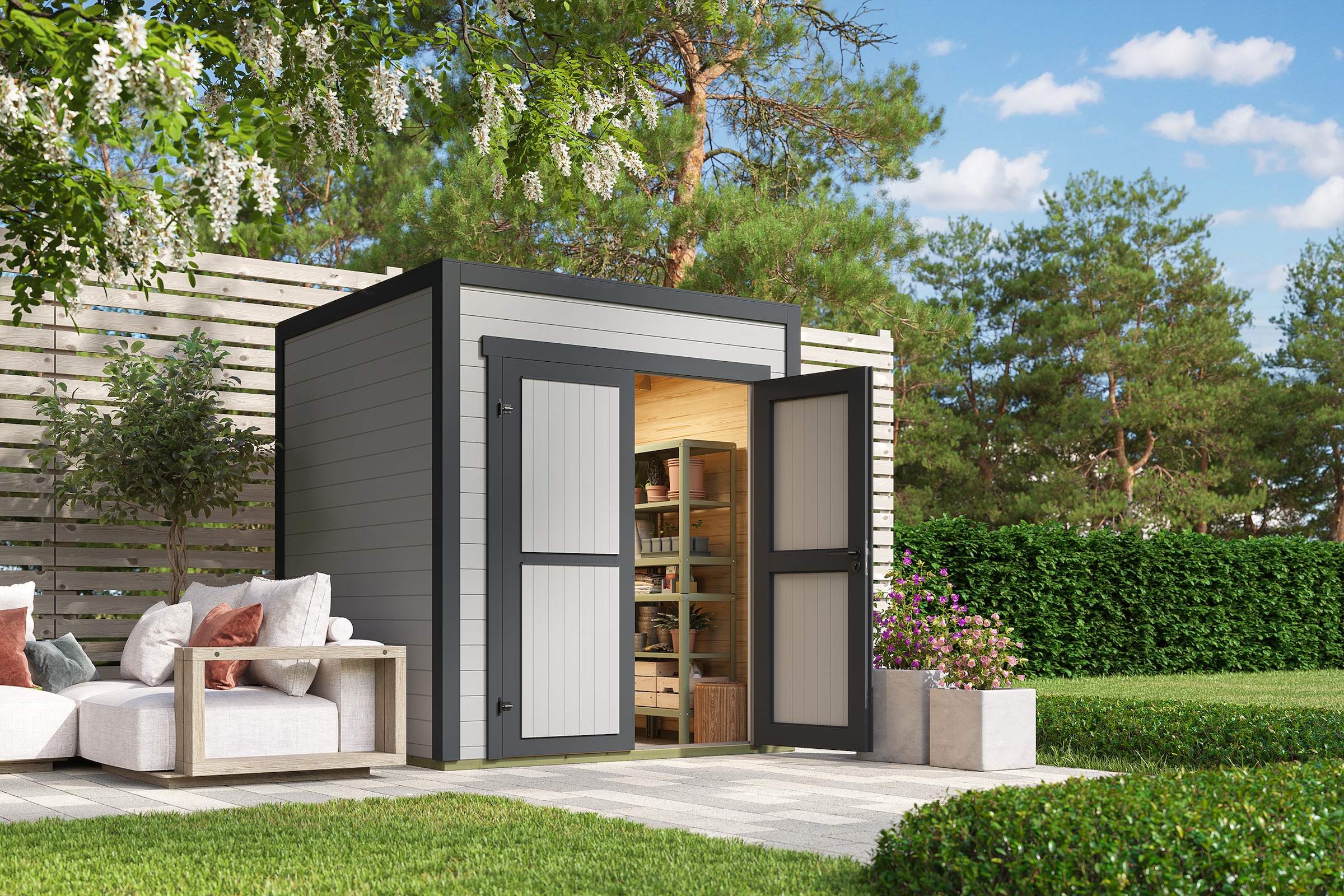 Nordic Holz Gartenhaus "Fynn 1" kleiner stilvoller Schuppen mit Flachdach