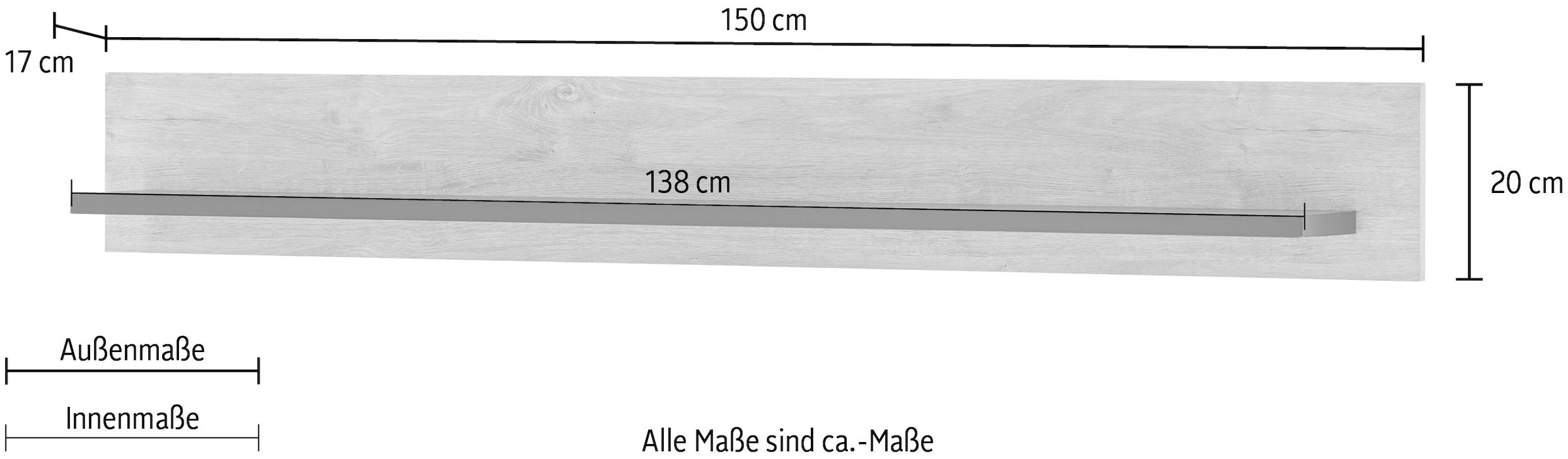 Home affaire Wandboard »Cornwall, Wandregal im Landhausstil, Wandhalter mit Ablagefläche«, (1 St.), vielseitig einsetzbares Hängeregal, Breite 150 cm, warmes Eiche Dekor