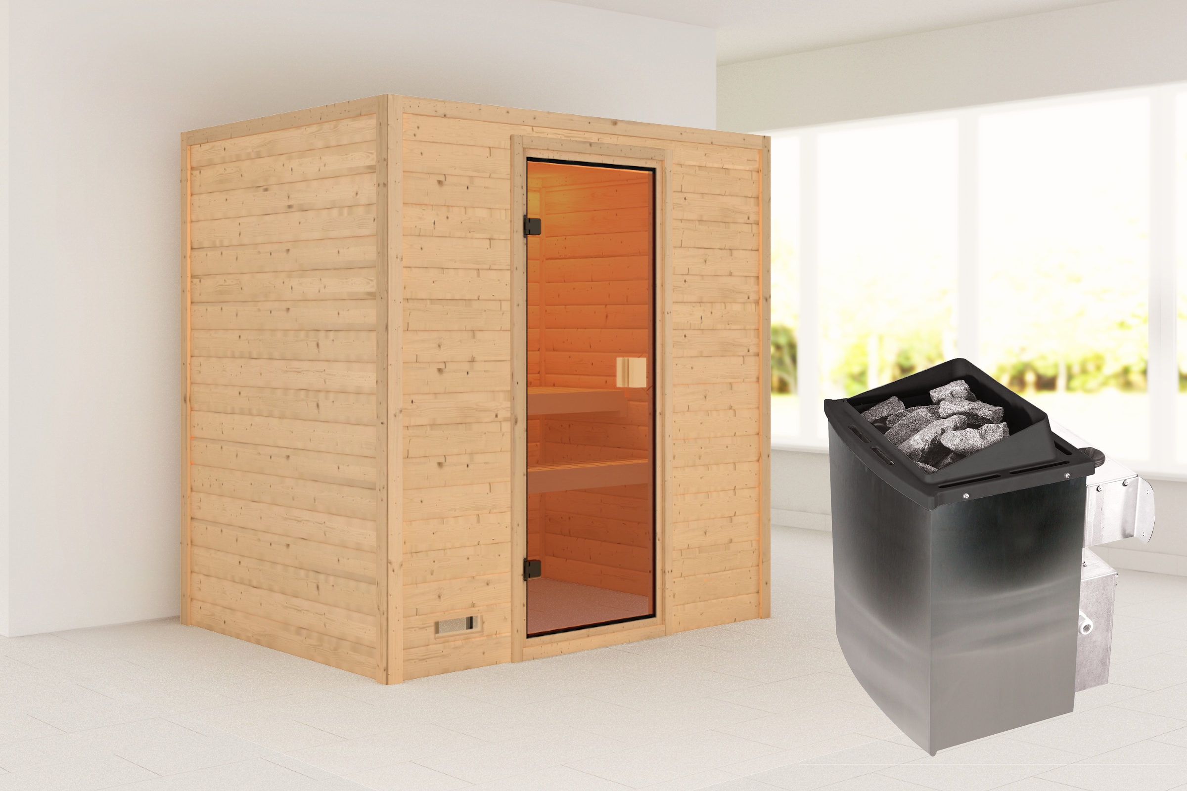 Karibu Sauna ""Sunie" mit bronzierter Tür SET, naturbelassen, mit Ofen 9 kW" aus hochwertiger nordischer Fichte