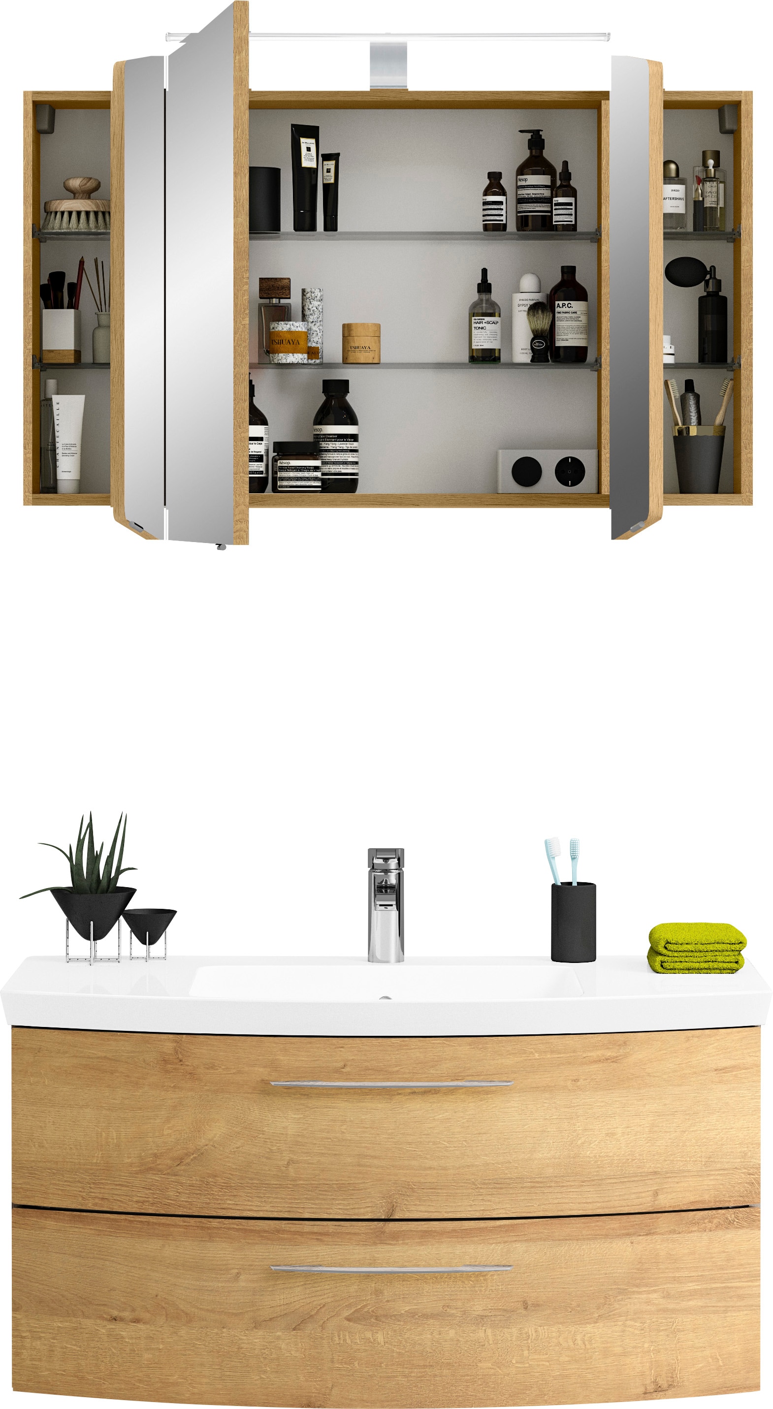 Saphir Badmöbel-Set »Cassca Sprint 2-teilig Mineralmarmor-Waschtisch mit LED-Spiegelschrank«, (2 St.), Waschplatz mit 2 Schubladen, inkl. Dämpfer, 101 cm breit