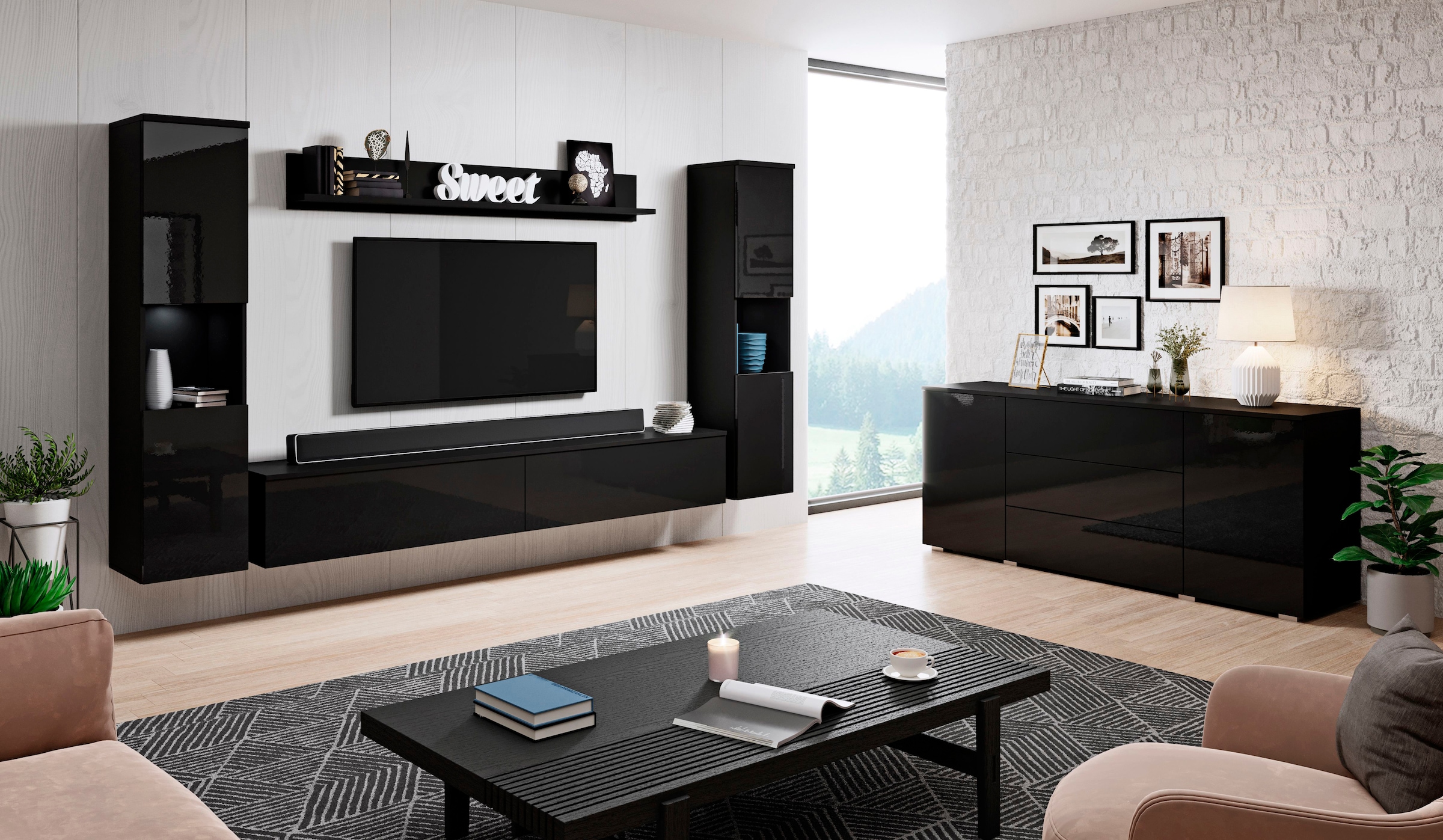 INOSIGN Wohnwand »PARIS«, (Komplett-Set, 4 St.), TV-Wand 260cm breite, grifflose Design, stehend und hängend montierbar