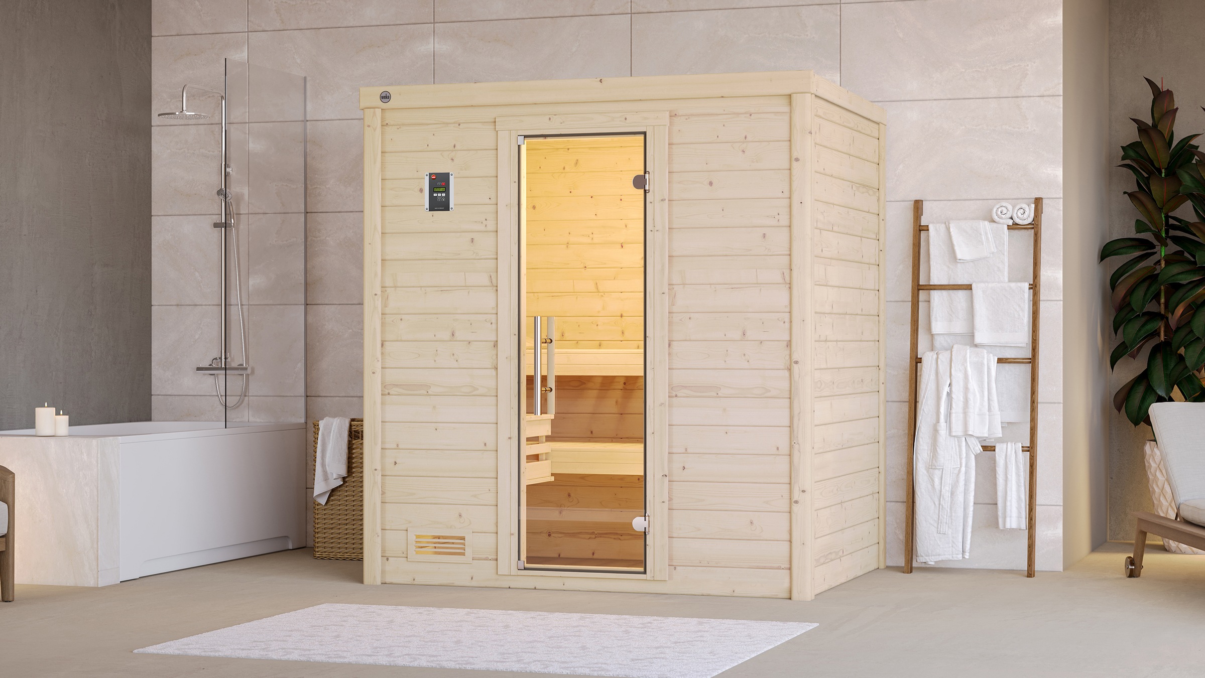 weka Sauna »Massivholzsauna BERGEN 1«, Blockbohlen, moderne Ganzglastür