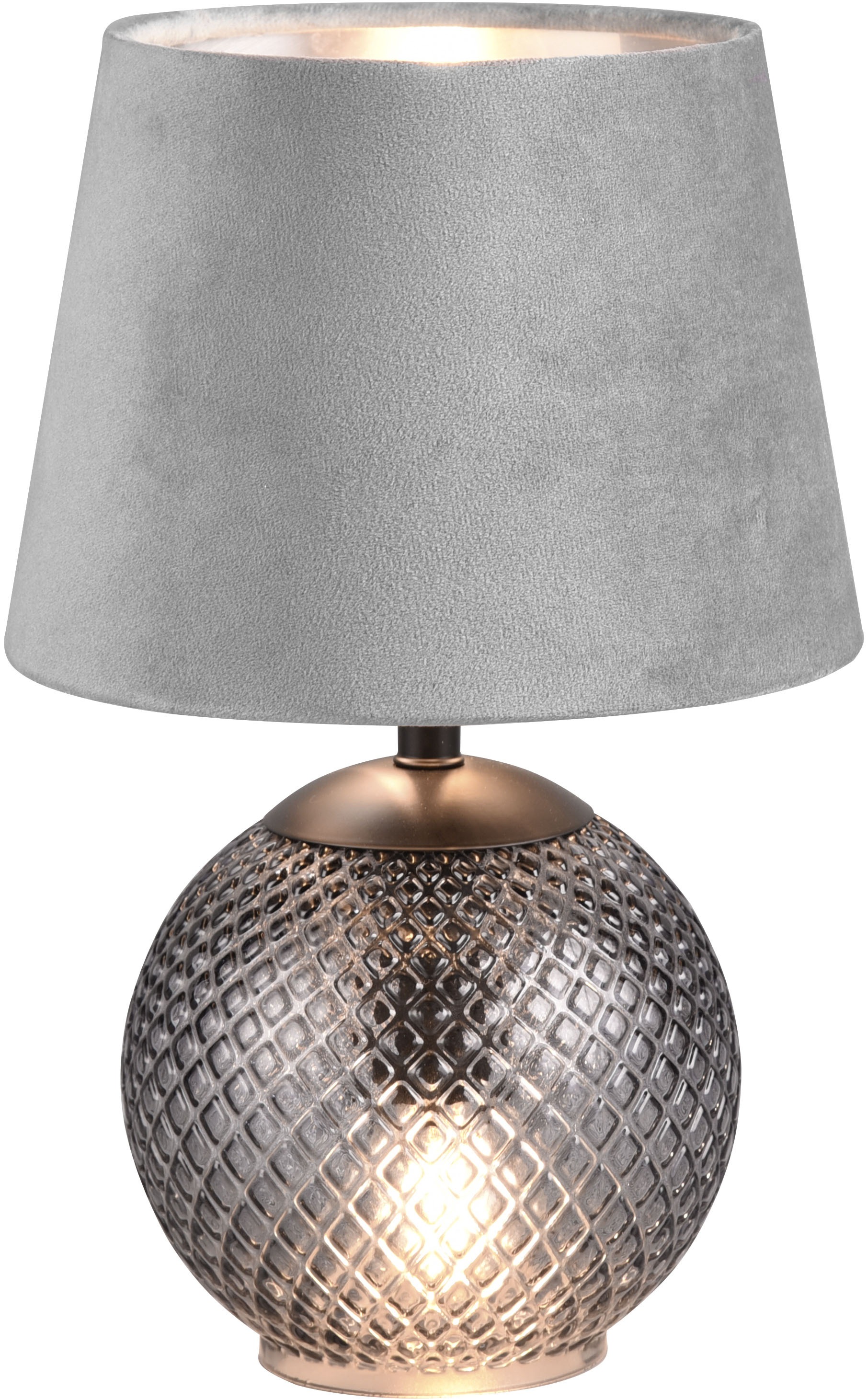 REALITY Leuchten Schreibtischlampe »JONNA, Tischlampe mit beleuchtetem Glasfuß und Samt Schirm exkl 2xE14«, 2 flammig, Leuchtmittel E14 | Leuchtmittel wechselbar, Leuchtmittel wechselbar max 10W, Schnurschalter Höhe 29cm Ø 18cm