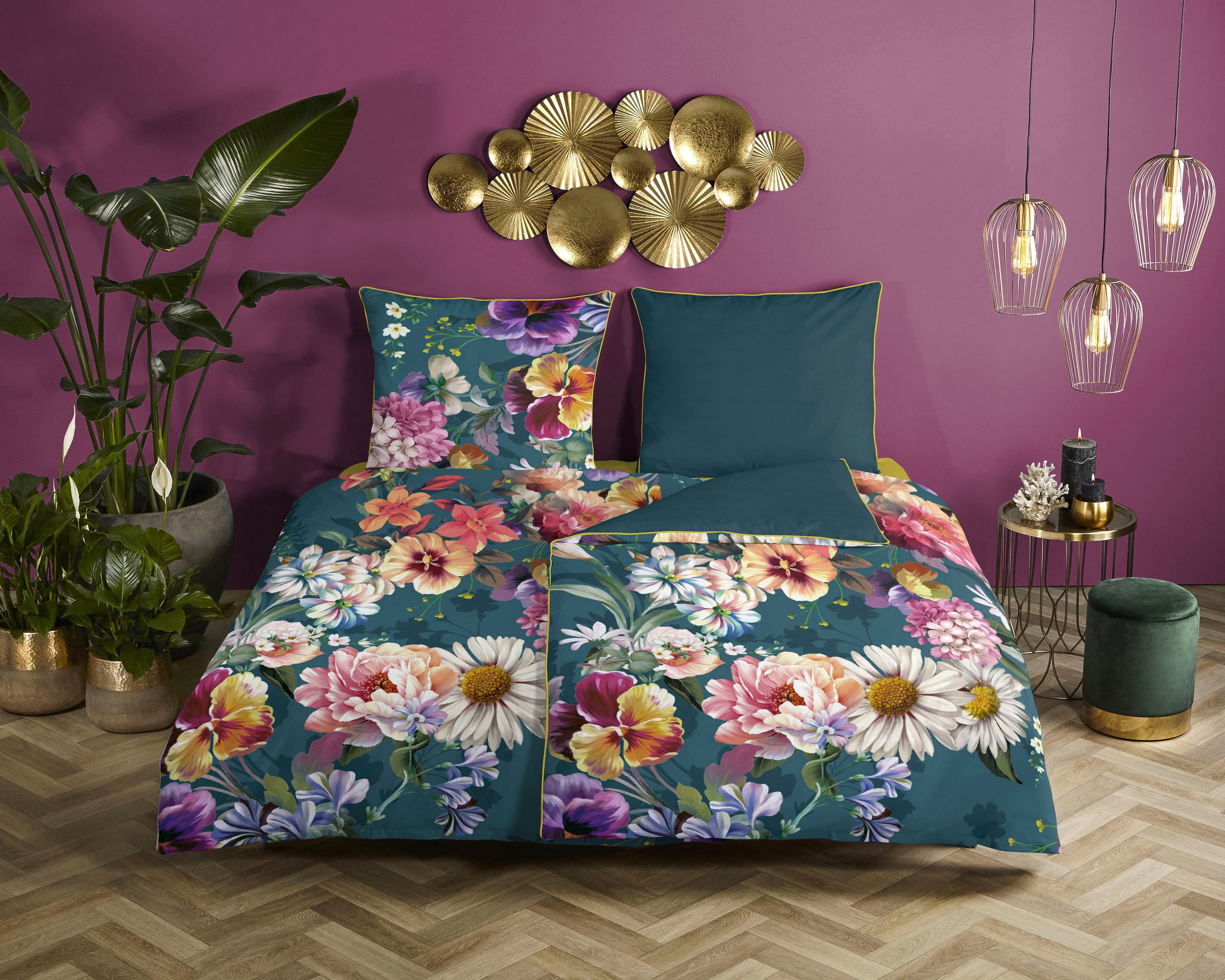 Descanso Wendebettwäsche »Novara«, Baumwolle, Satin, 135x200, Biese, Reißverschluss, Wende, Blumen, Natur