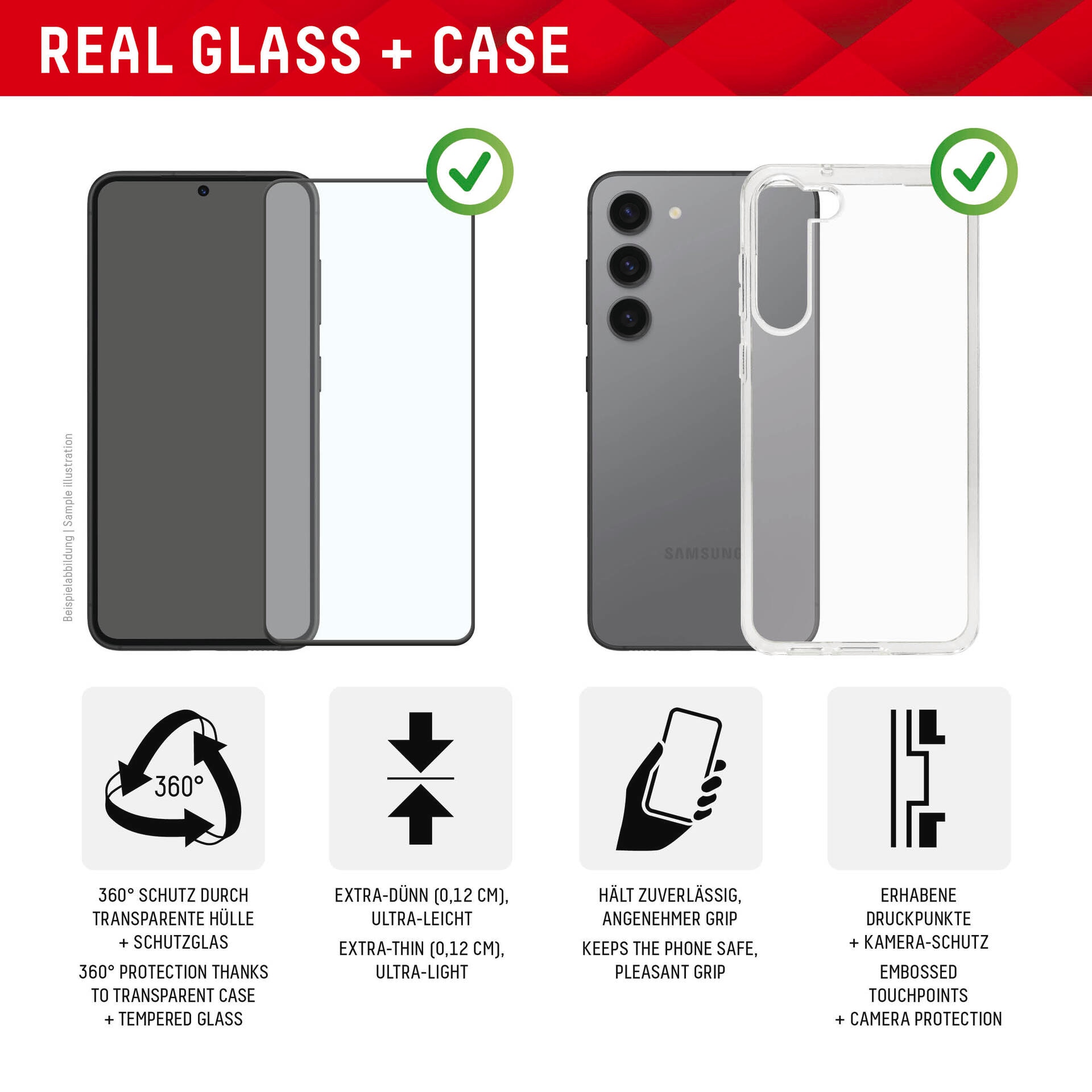 Displex Displayschutzglas »Real Glass + Case«, für Samsung Galaxy S24 Ultra, Displayschutzfolie Displayschutz Rundumschutz 360 Grad splitterfest