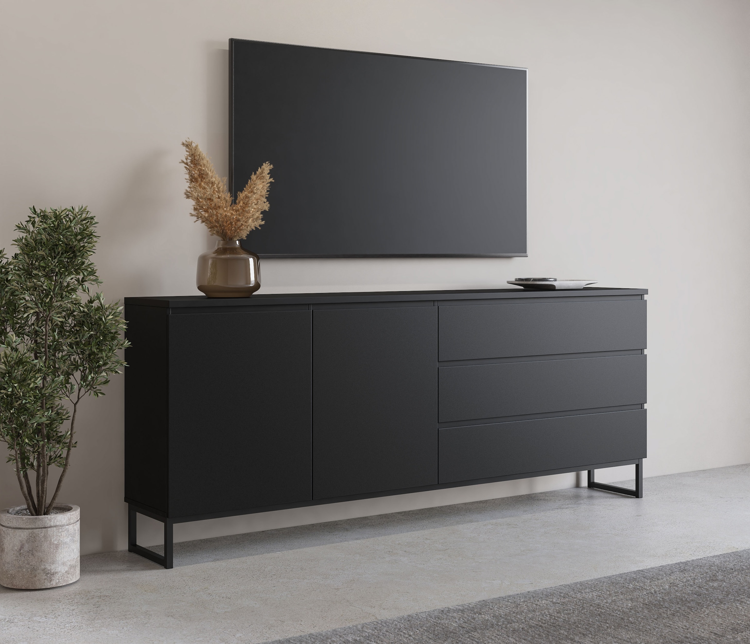 OTTO home Sideboard »Modo II, Breite 200 cm, moderne grifflose Kommode 2Türen/3 SK« Schubladenkommode viel Stauraum, Einlegeböden verstellbar, Metallkufen