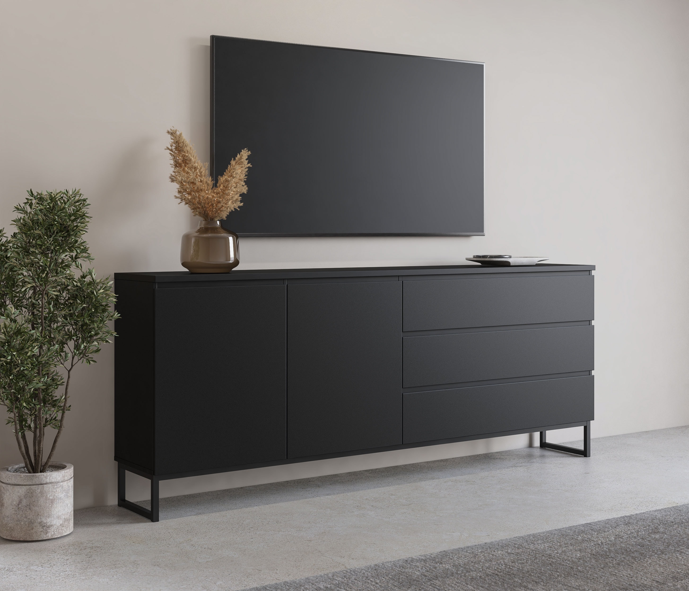 OTTO home Sideboard "Modo II, Breite 200 cm, moderne grifflose Kommode 2Türen/3 SK" Schubladenkommode viel Stauraum, Einlegeböden verstellbar, Metallkufen