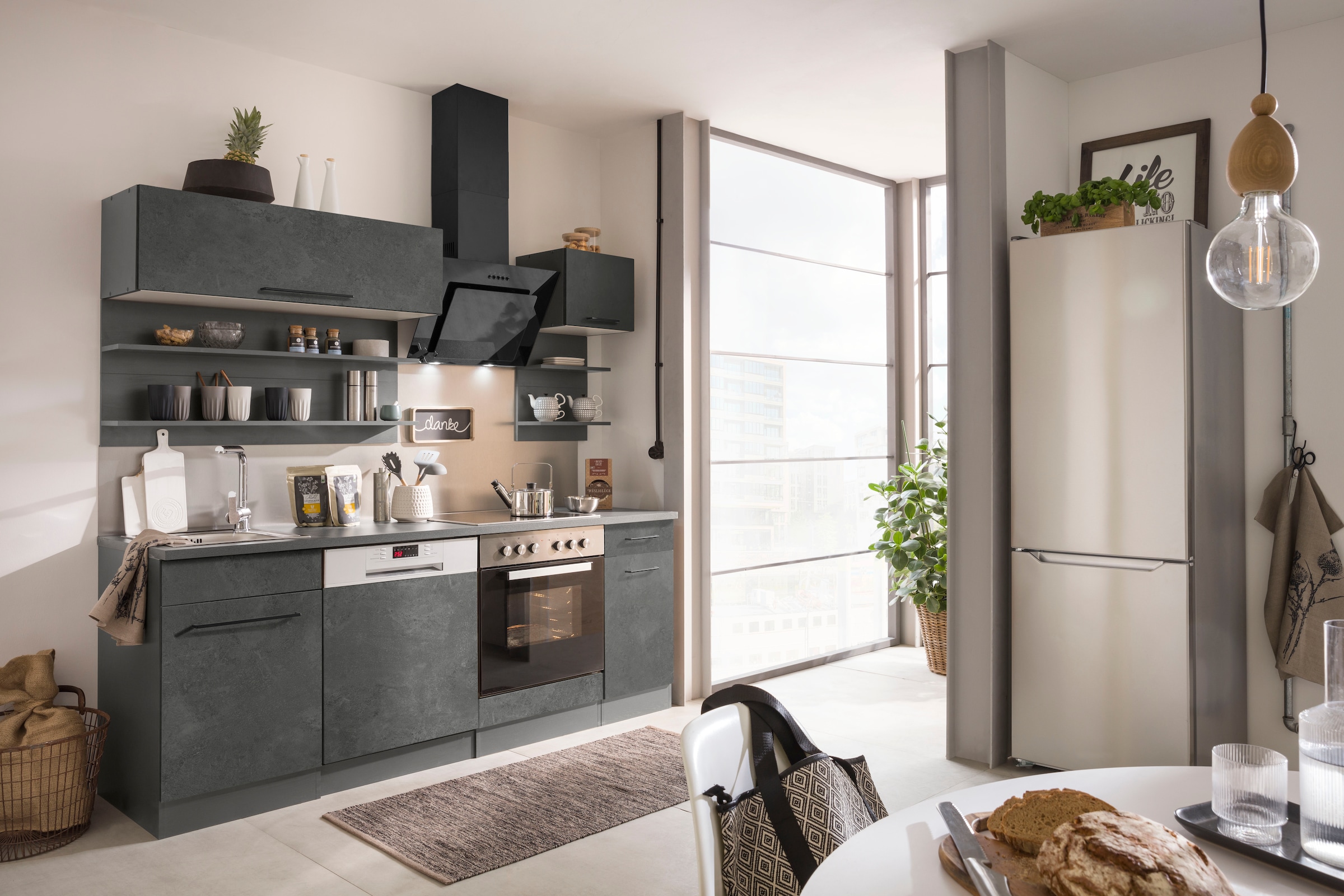 KOCHSTATION Küchenzeile »KS-Tulsa«, ohne E-Geräte, Breite 210 cm, schwarze Metallgriffe, MDF Fronten