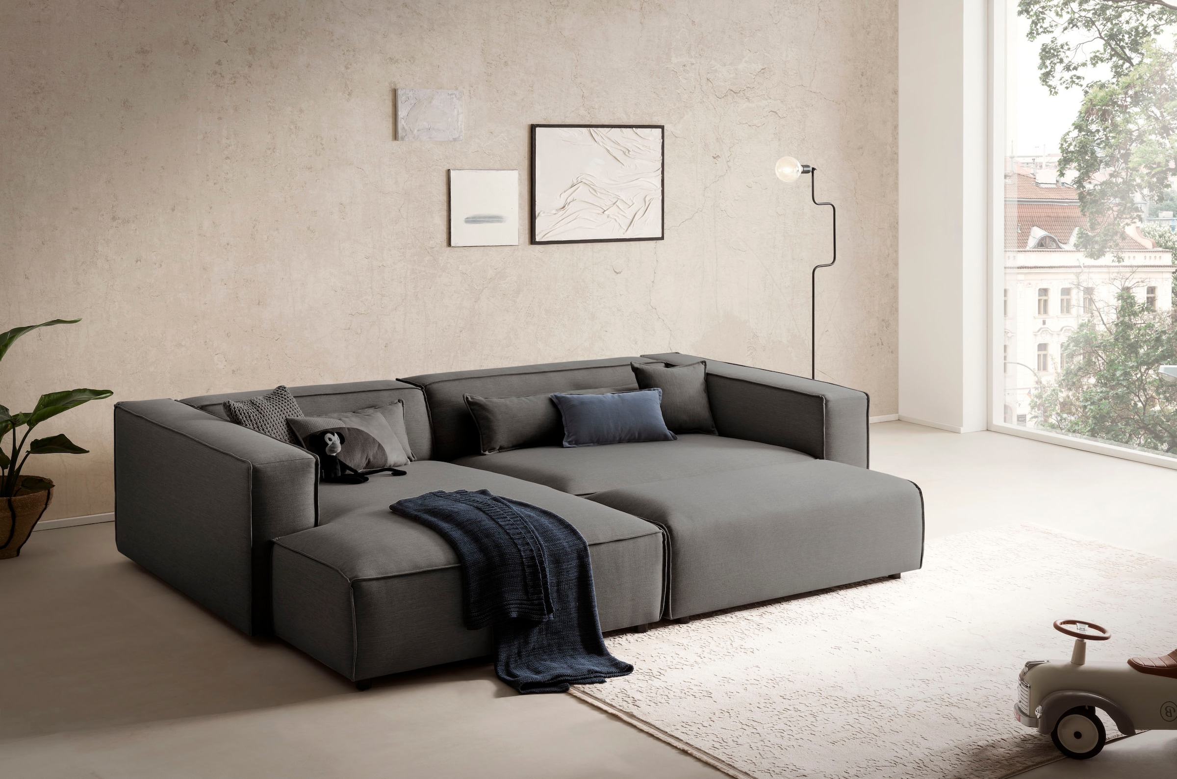 LeGer Home by Lena Gercke Polsterecke »PIARA XXL, L-Form mit Schlaffunktion, Big-Sofa in Cord o. Leinenoptik«, Hocker stellbar zum Schlafsofa (Krokodilverbinder), tiefe Sitzfläche