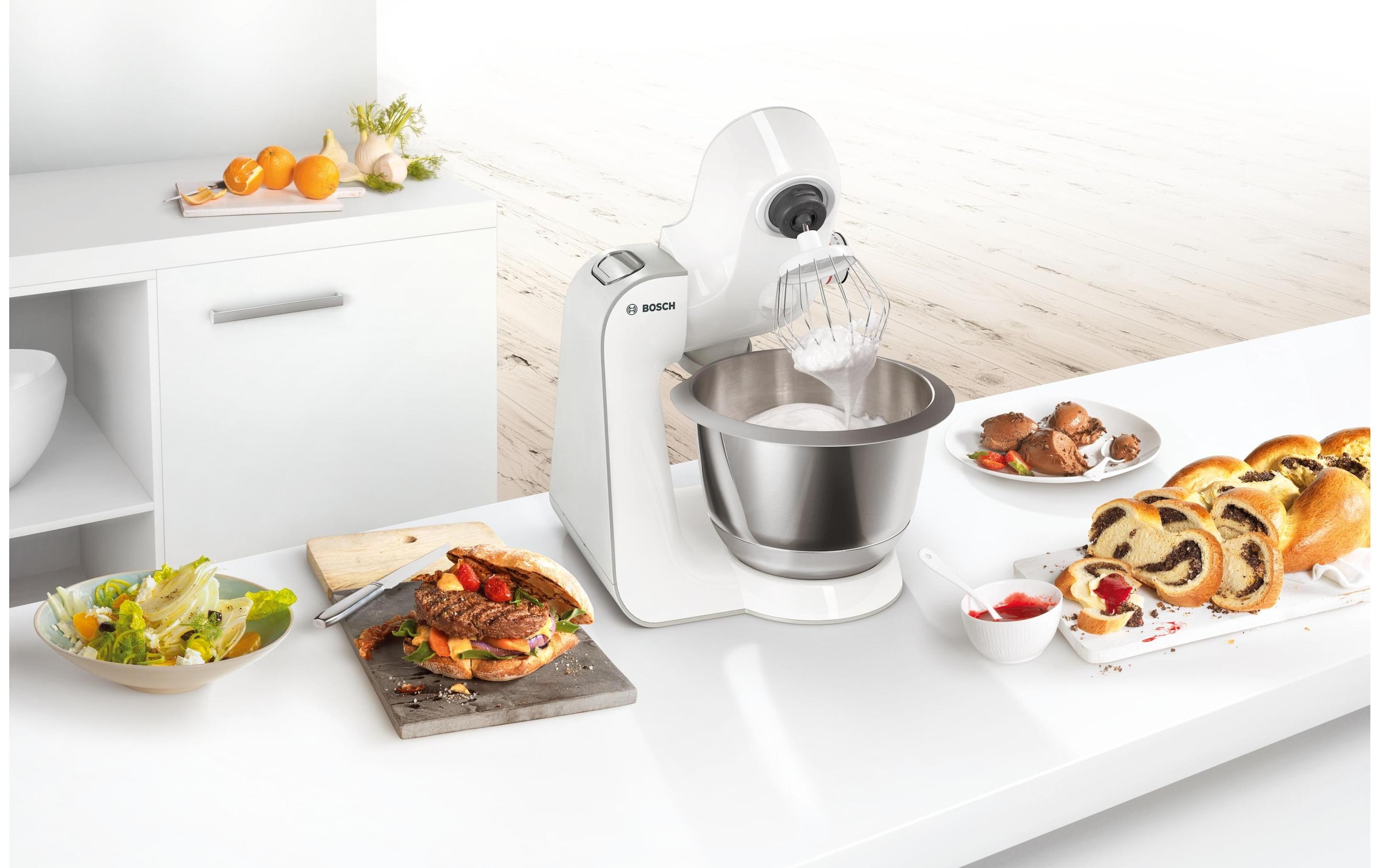 BOSCH Küchenmaschine »Serie 4 MUM58L20, Durchlaufschnitzler, Mixer, grau« 3 Scheiben, Schüssel, Knethaken/Rühr-/Silikonbesen, spülmaschinenfest