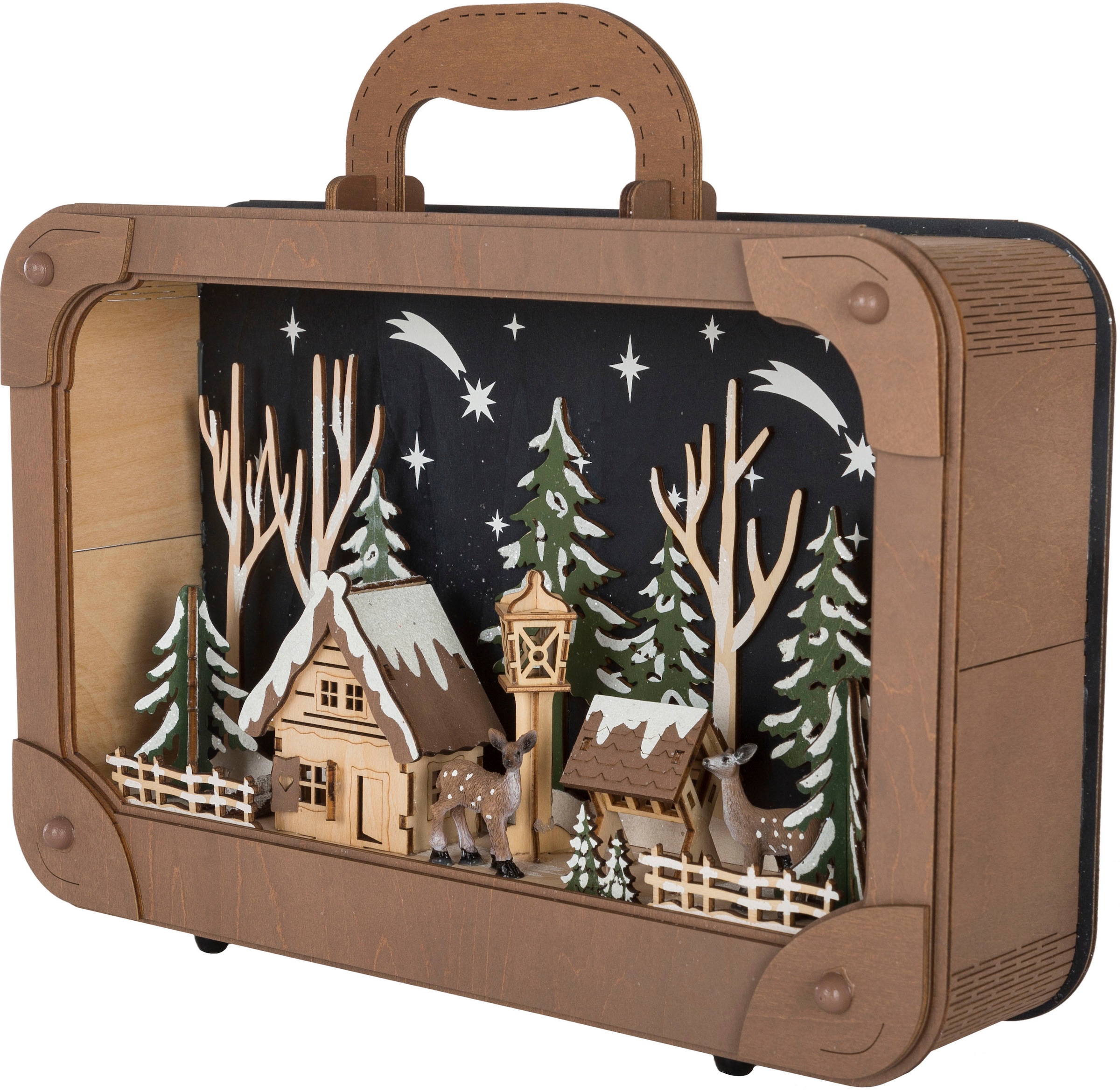 Myflair Möbel & Accessoires Dekoobjekt »Koffer mit LED-Dekoration, Weihnachtsdeko aus Holz«, Dekolicht mit Weihnachtsdorf in verschneiter Landschaft
