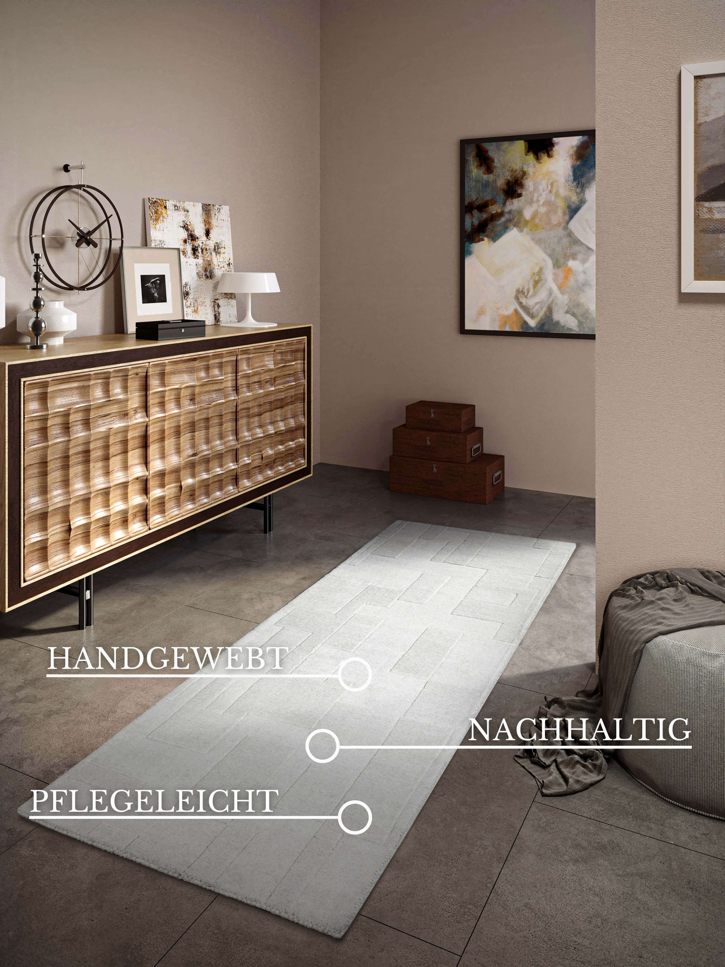 Villeroy & Boch Wollteppich »Wilhelmine«, rechteckig, 10 mm Höhe, Läufer, handgewebt, Wolle, Natur, Wohnzimmer, Geometrie, Boho