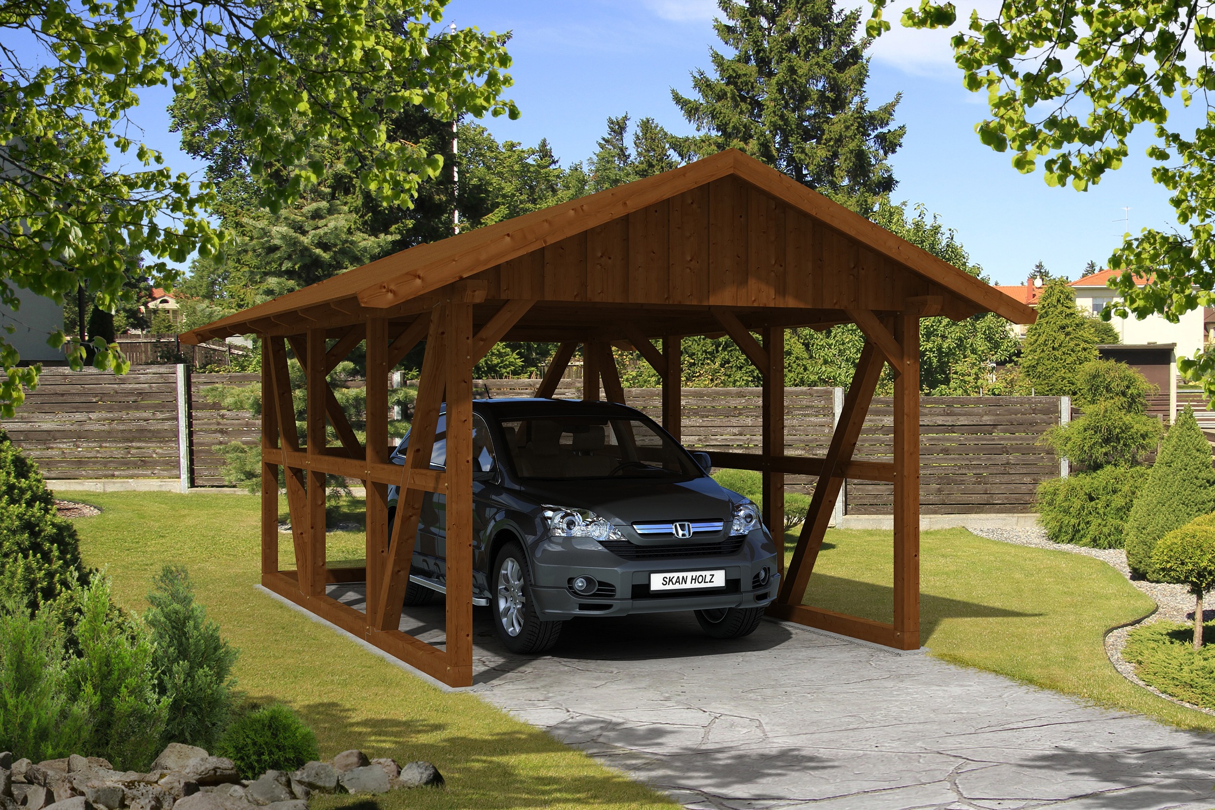 Skanholz Einzelcarport »Schwarzwald«, KVH-Fichte, 300 cm, Nussbaum, mit Rückwand, mit Dachschalung