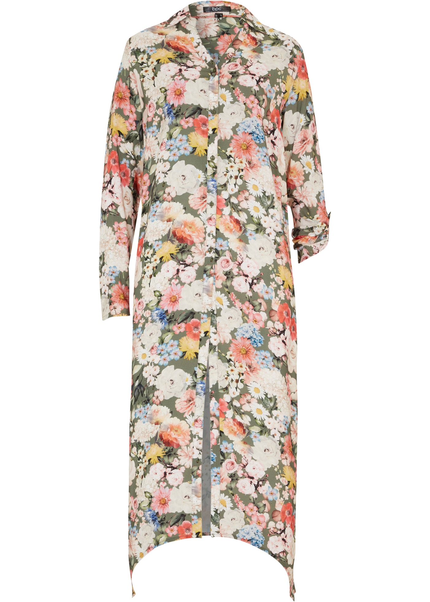 bonprix Longbluse »Longbluse aus fließender Viskose« in A-Linie, aus Viskose, mit Blütendruck, mit Hemdblusenkragen