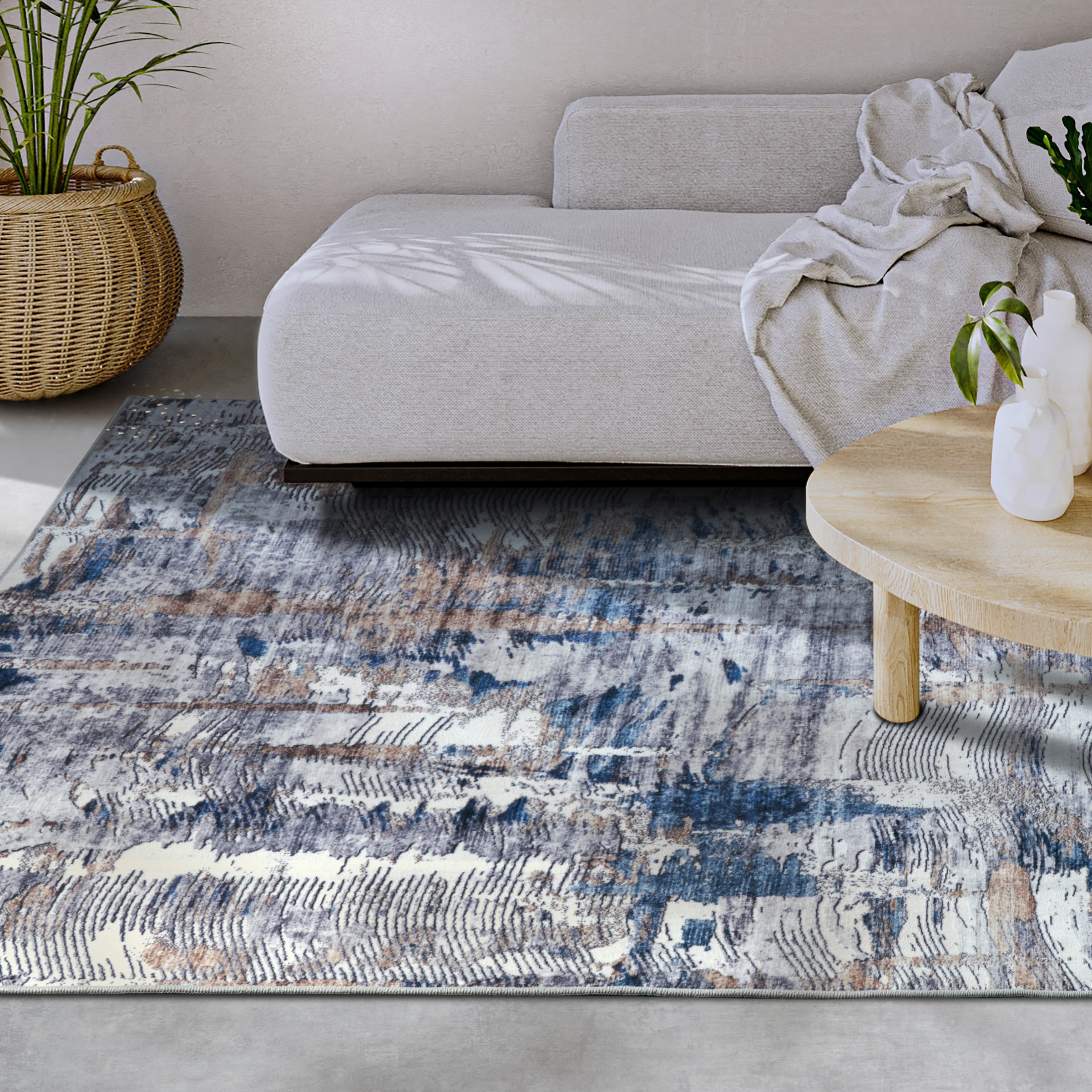 Teppich ELLE DECORATION "Malard", blau (dunkelblau), B:120cm H:5mm L:160cm, Polyester, Teppiche, Teppich, Kurzflor, Anti Rutsch, Vintage, Modern, Wohnzimmer, Flur