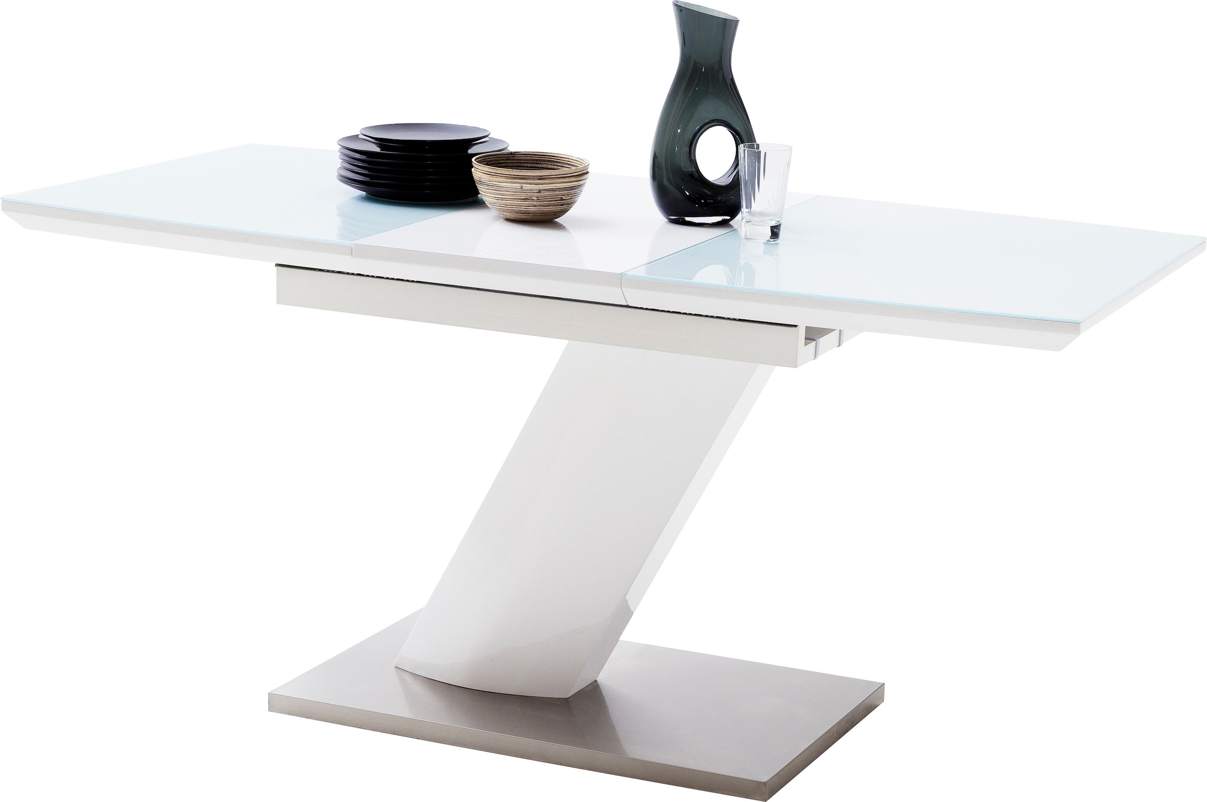MCA furniture Esstisch »Galina, TOPSELLER!«, (Esstisch, Tisch), Bootsform in weiß mit Synchronauszug vormontiert, Sicherheitsglas