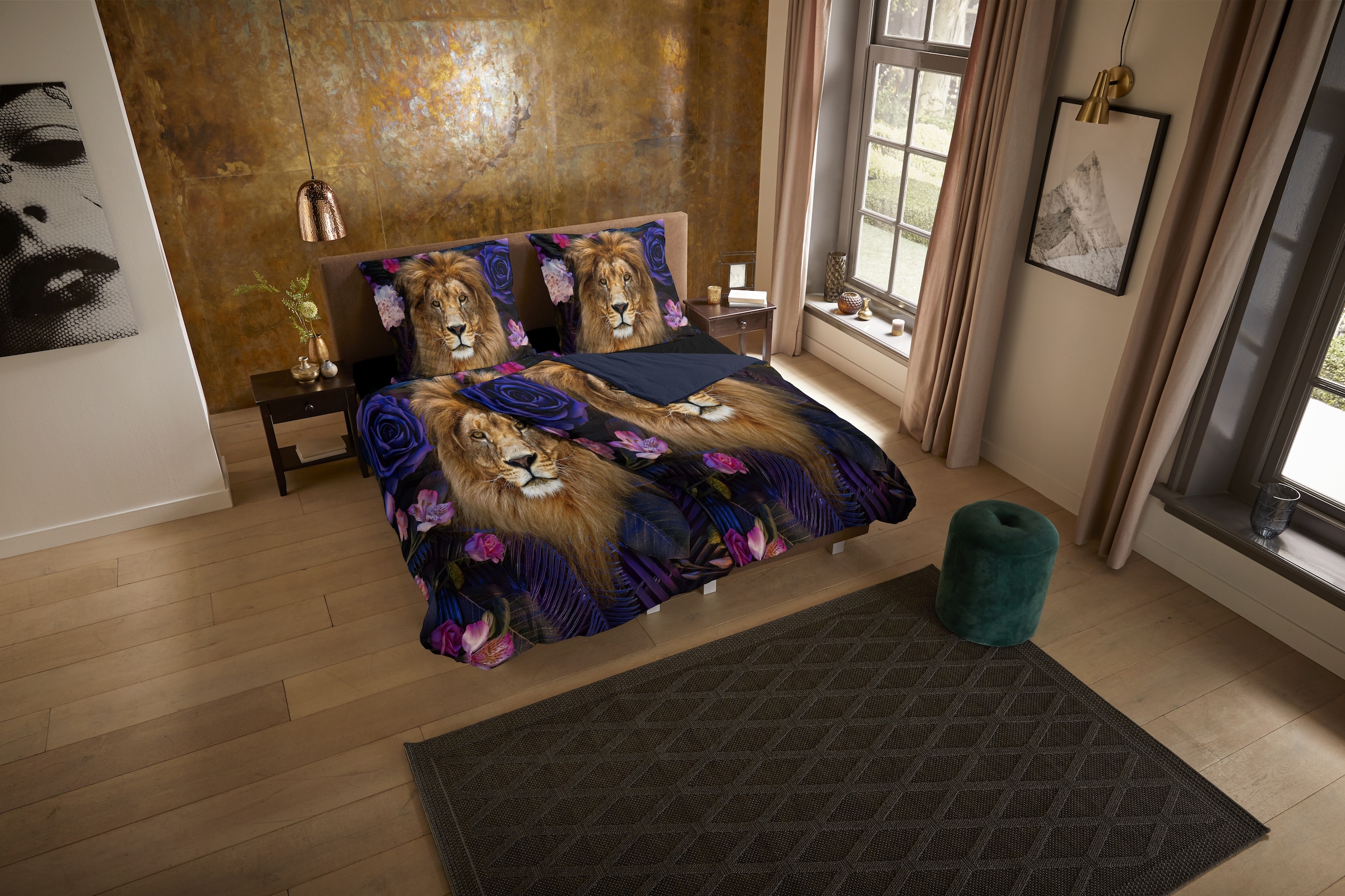 PURE luxury collection Wendebettwäsche »Yuna«, Mikrofaser, 135x200, Pflegeleicht, Löwe, Blumen, lila, violett, multi