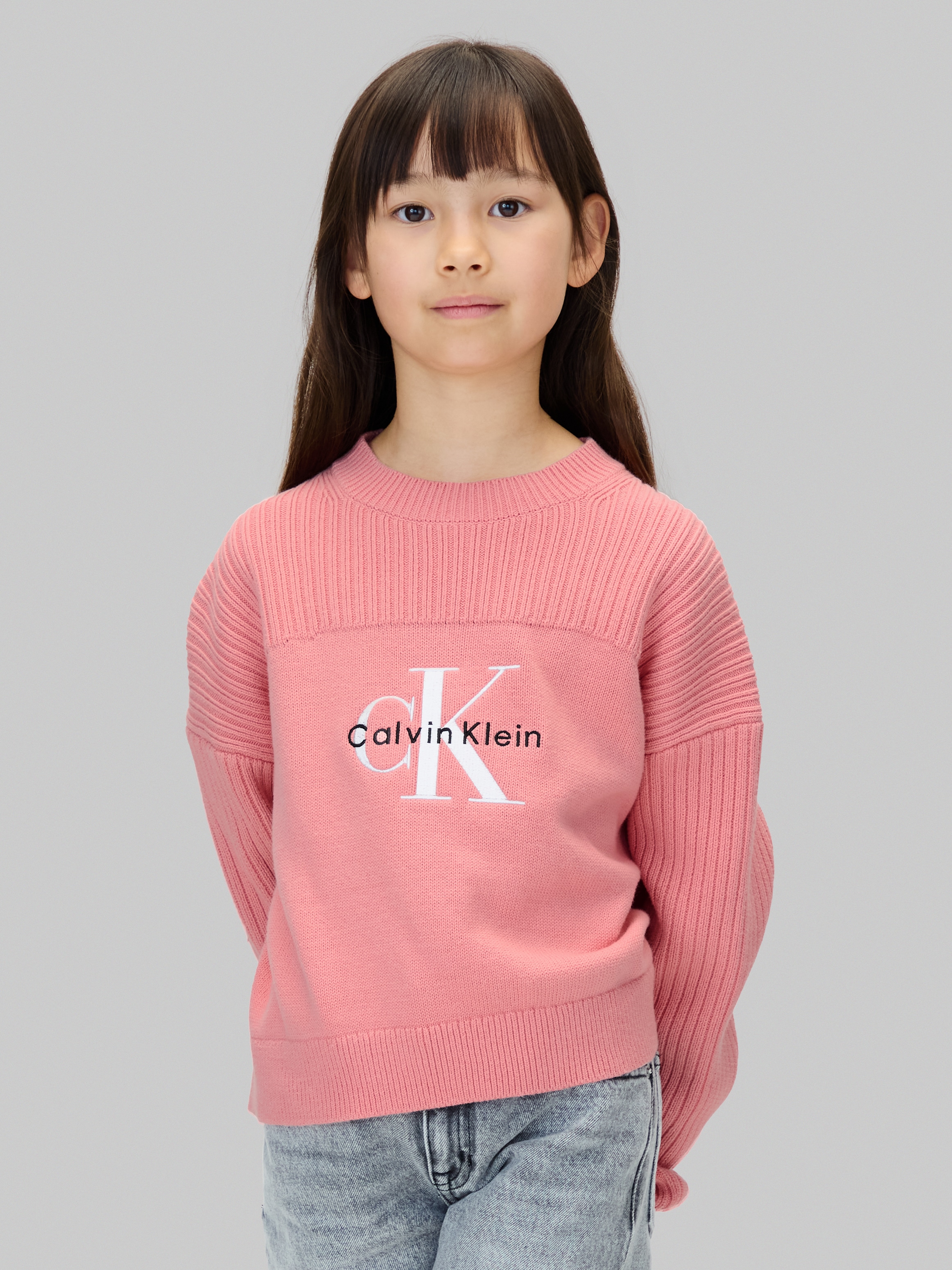 Kinder Strickpullover "MONOLOGO CN SWEATER", rosa, Gr. 12, CALVIN KLEIN JEANS, unifarben, Strick, Obermaterial: 100% Baumwolle, Pullover, für Kinder