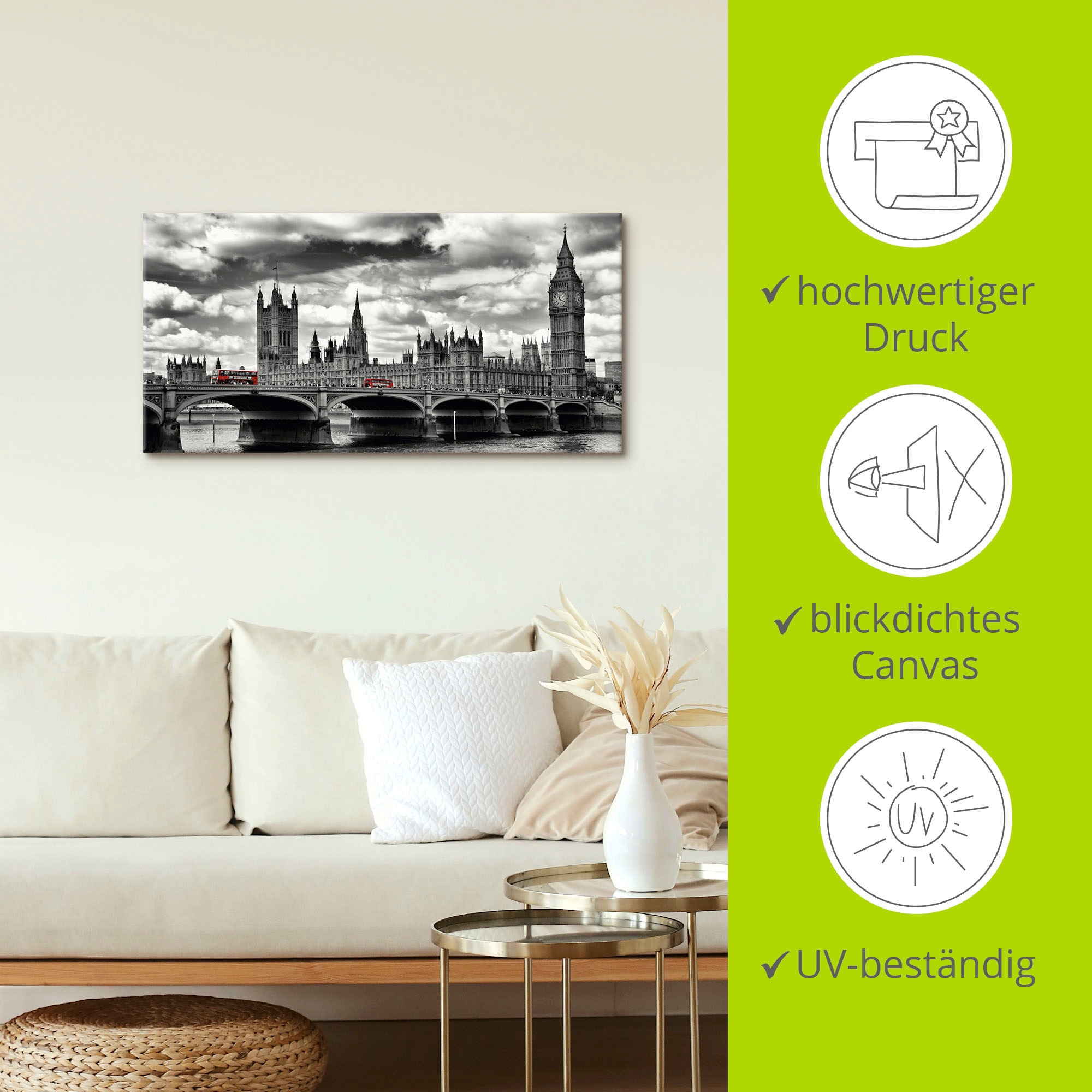 Artland Wandbild »London Westminster Bridge & Red Buses«, Großbritannien, (1 St.), als Leinwandbild, Poster, Wandaufkleber in verschied. Größen
