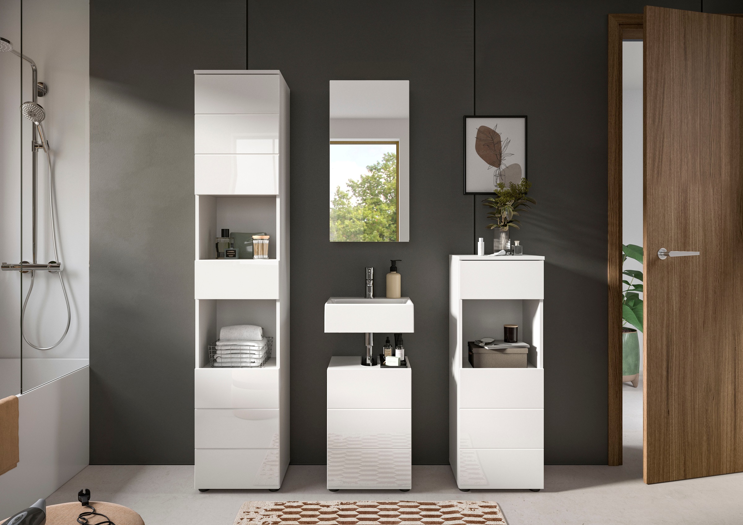 welltime Badmöbel-Set "Biel, Höhe 190 cm, Hochschrank, Unterschrank, Spiege günstig online kaufen