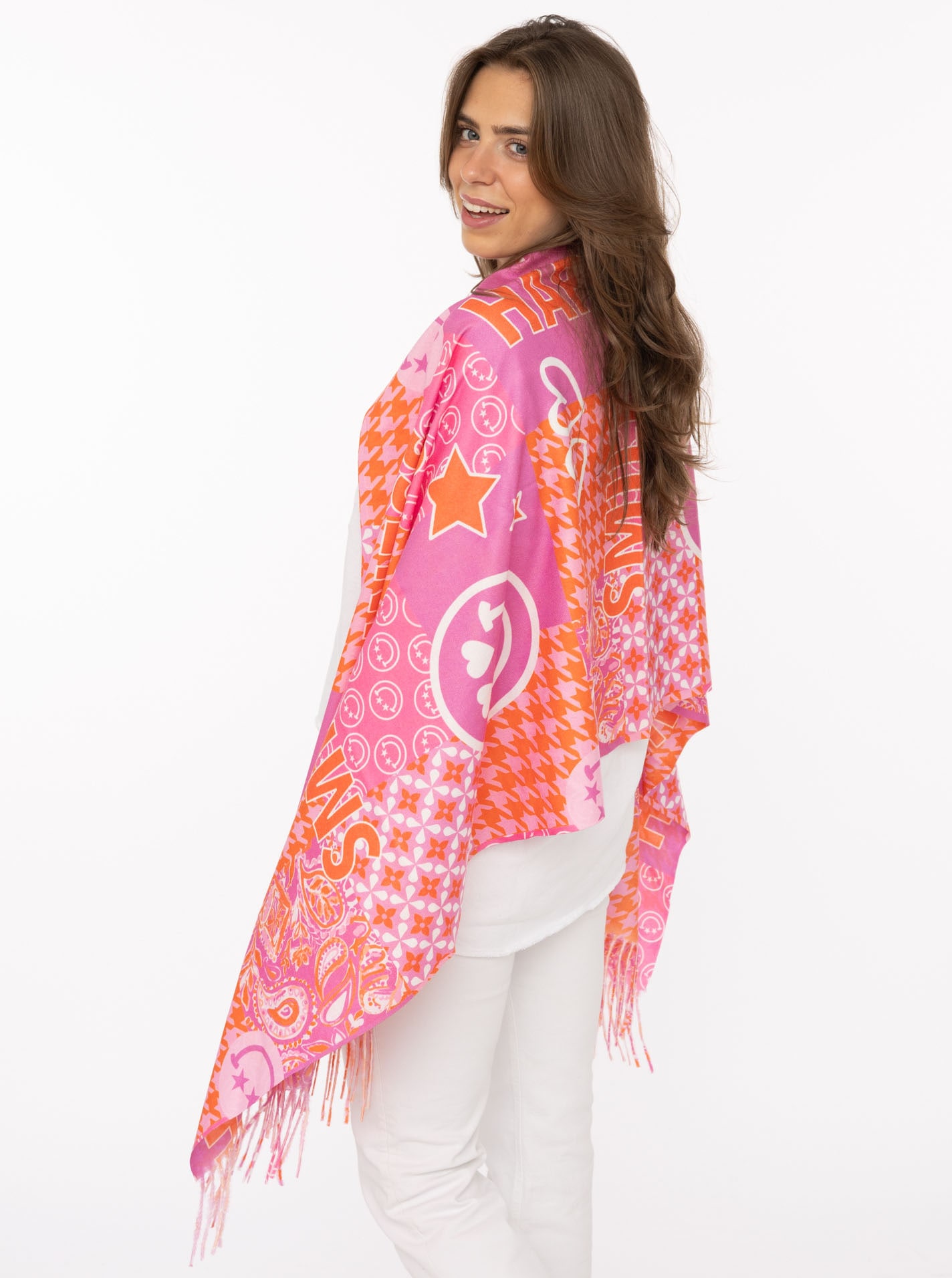 Zwillingsherz Schal ""Printclash Smile"" mit Fransen, Mustermix und Schrift günstig online kaufen