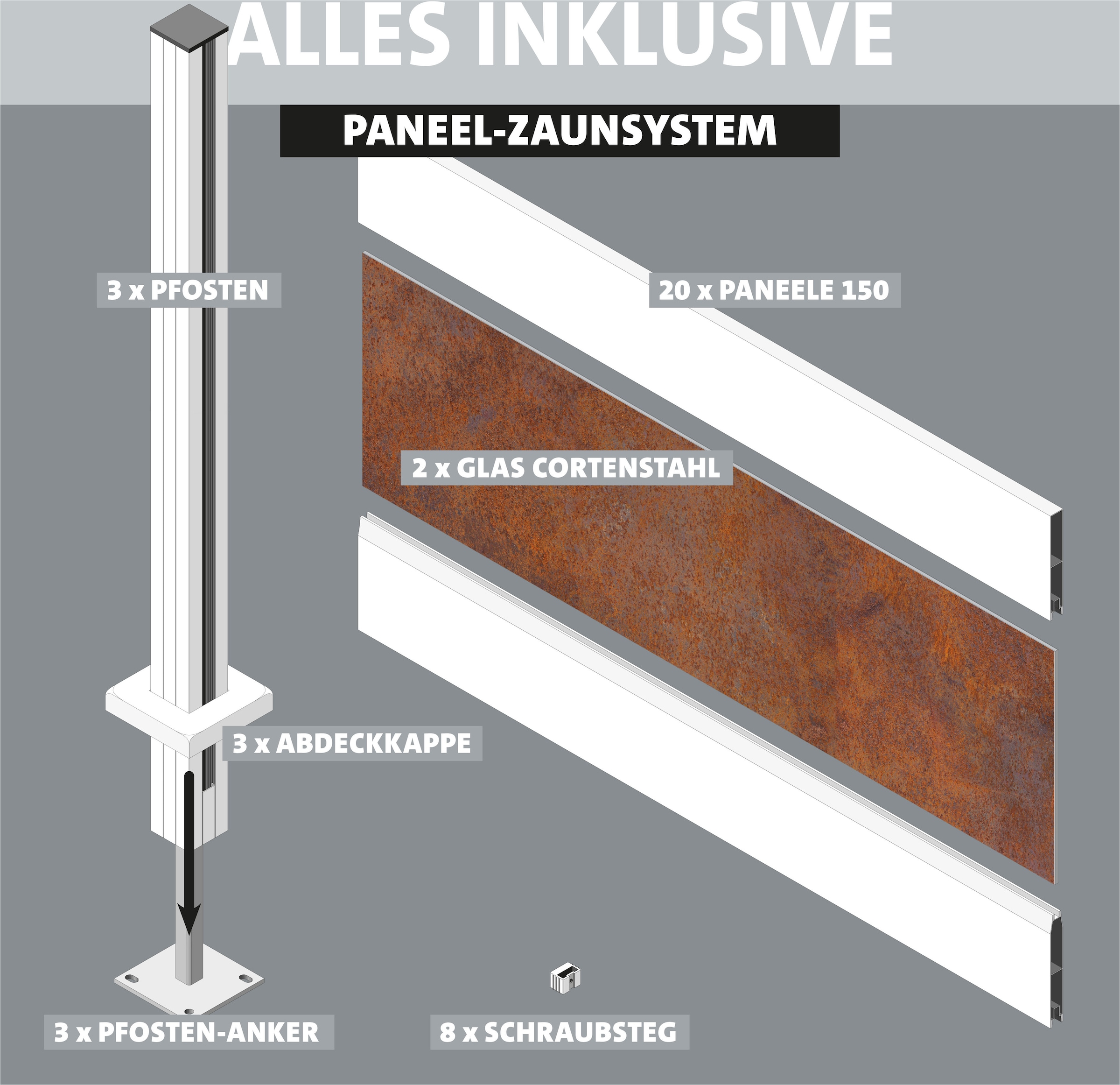 STAKET PRO Gartenzaun »Komplettzaun Paneel 150«, LxH: 248,4x187 cm, 2 Elemente á 120 cm Breite + Cortenstahl