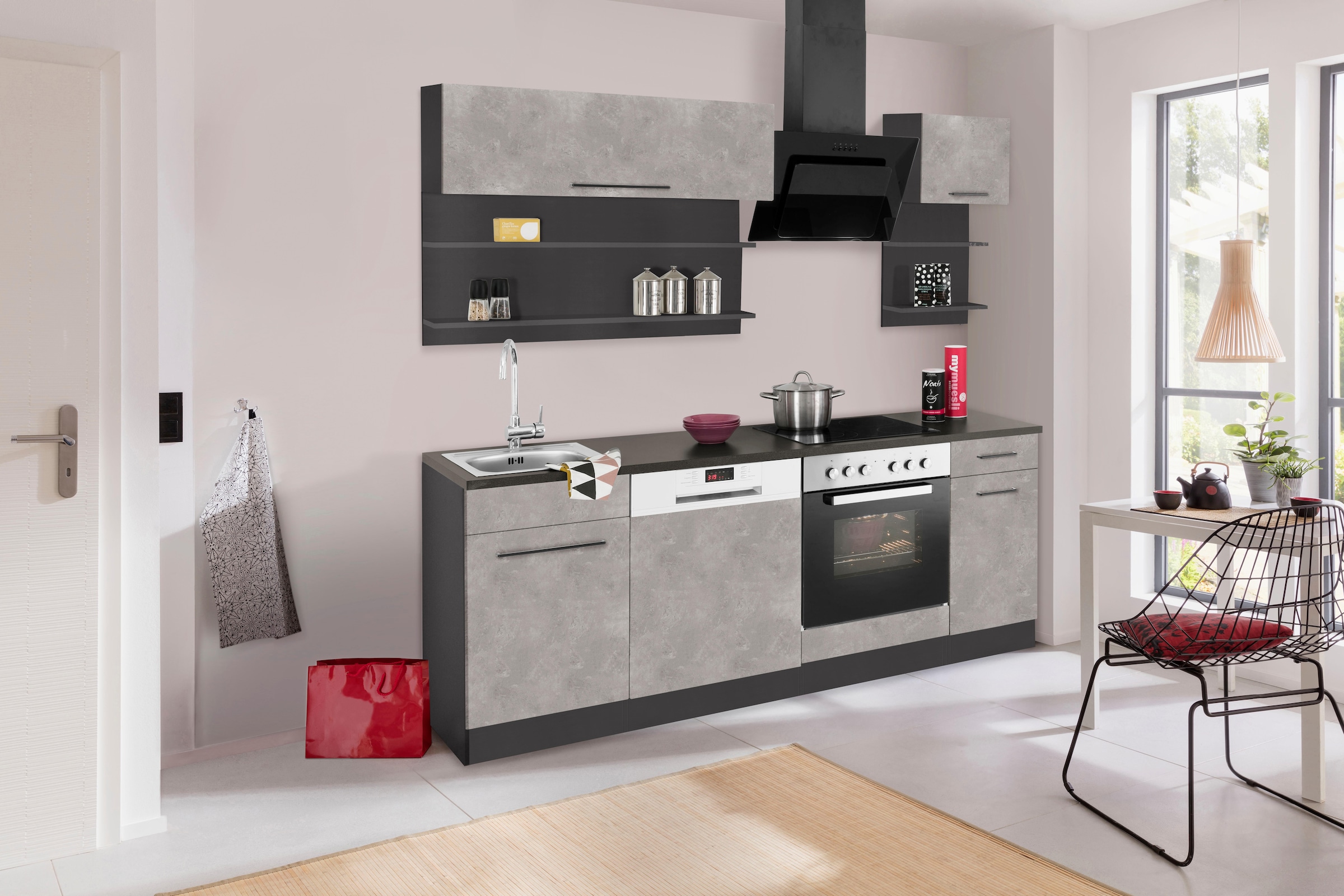 KOCHSTATION Küchenzeile »KS-Tulsa«, ohne E-Geräte, Breite 210 cm, schwarze Metallgriffe, MDF Fronten