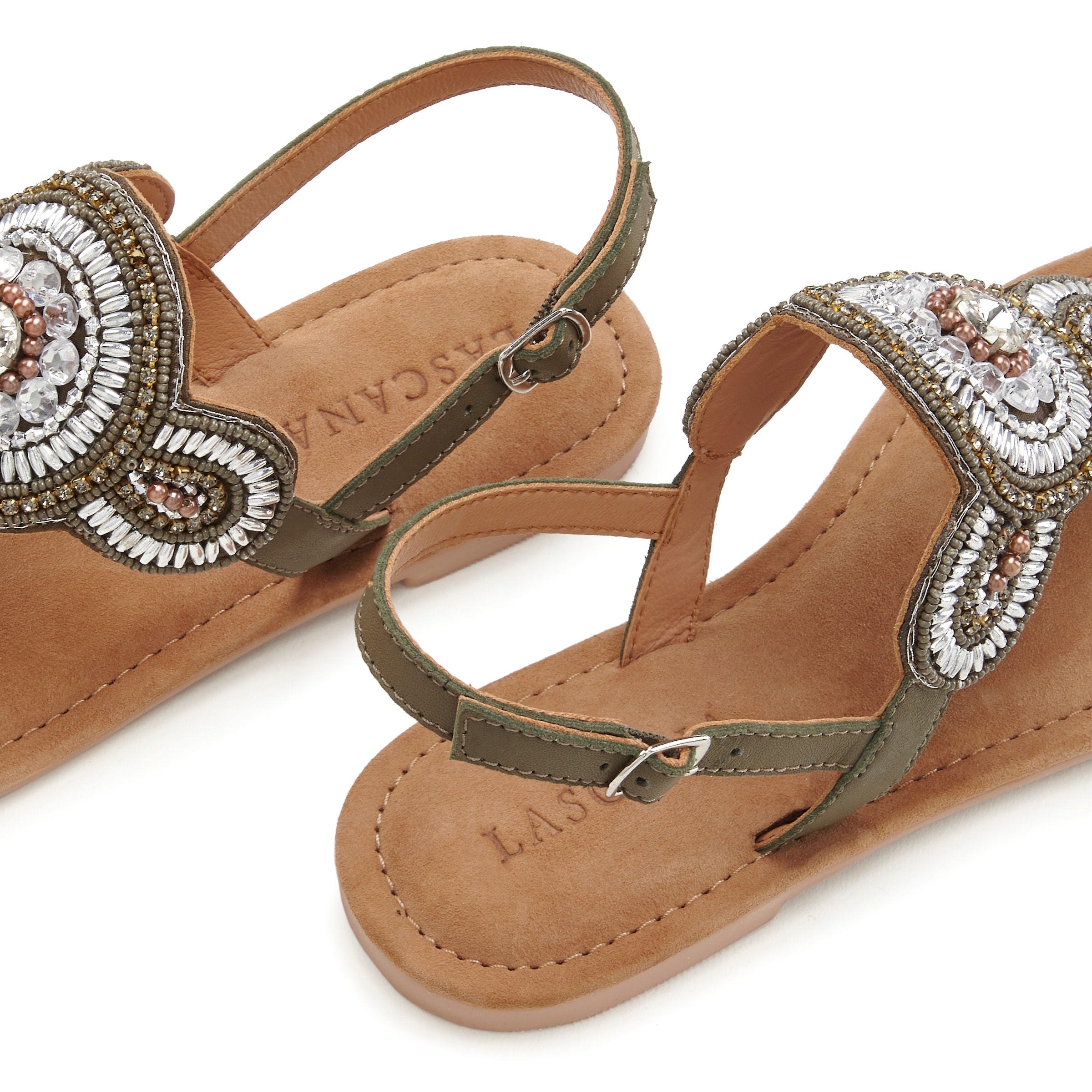 LASCANA Zehentrenner, Sandale, Pantolette in Glitzer-Optik und softer Lederinnensohle